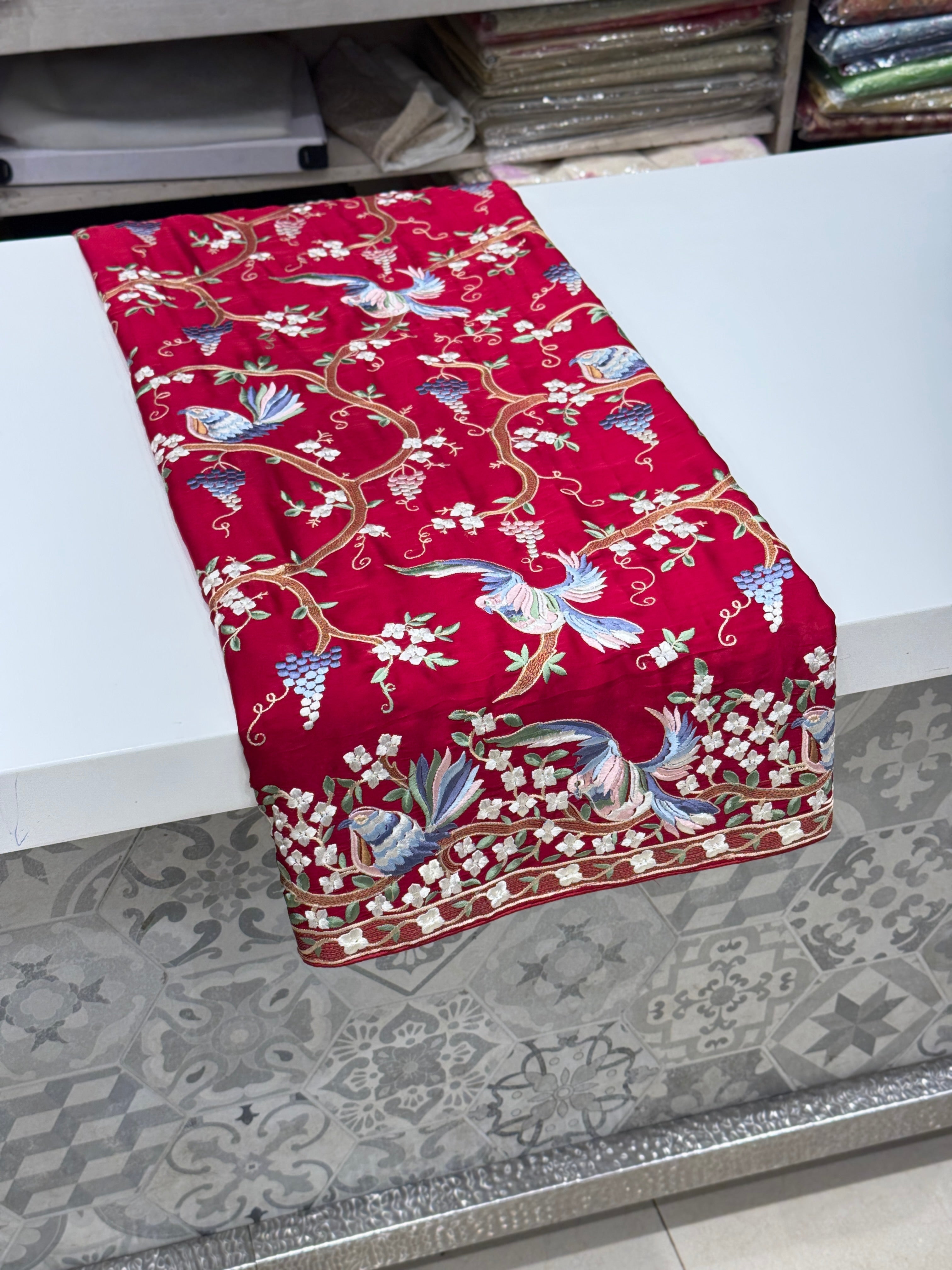 Red Crepe Parsi Gara Saree Jaal Chakla Chakli Design