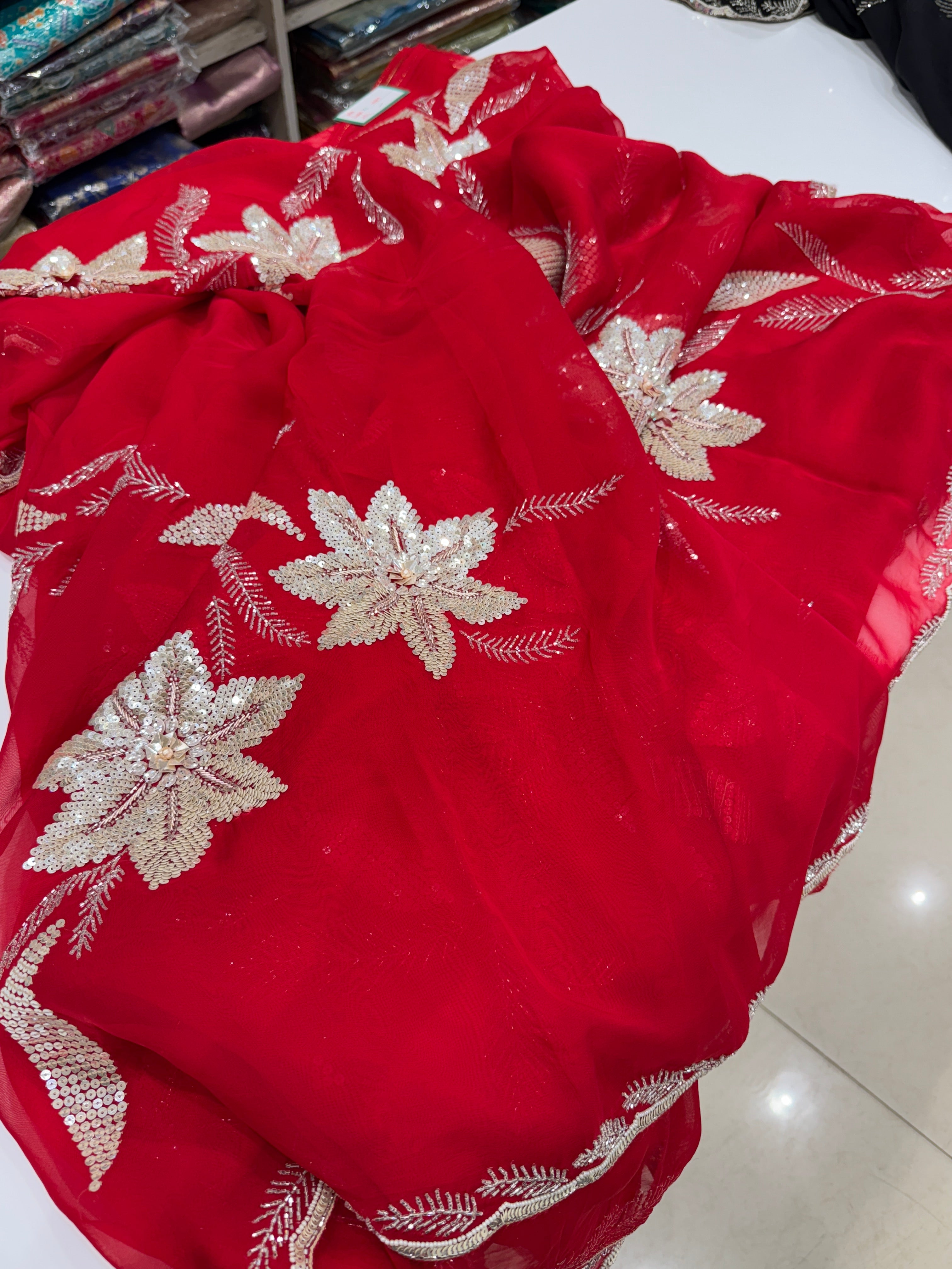 Red Satin Organza Embroidery Saree