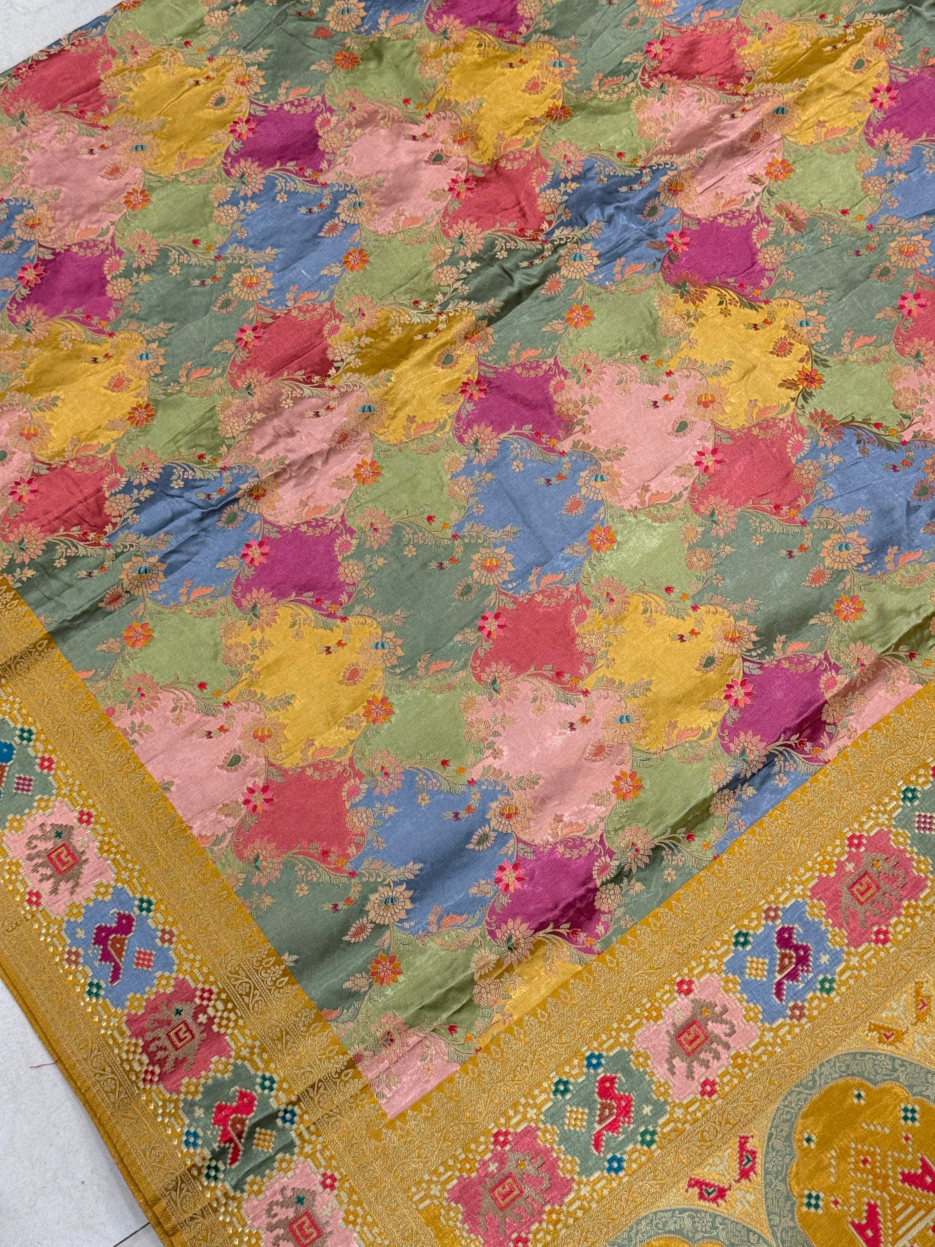 Mustard Yellow Banarasi Rangkat Fusion Patola Border Saree