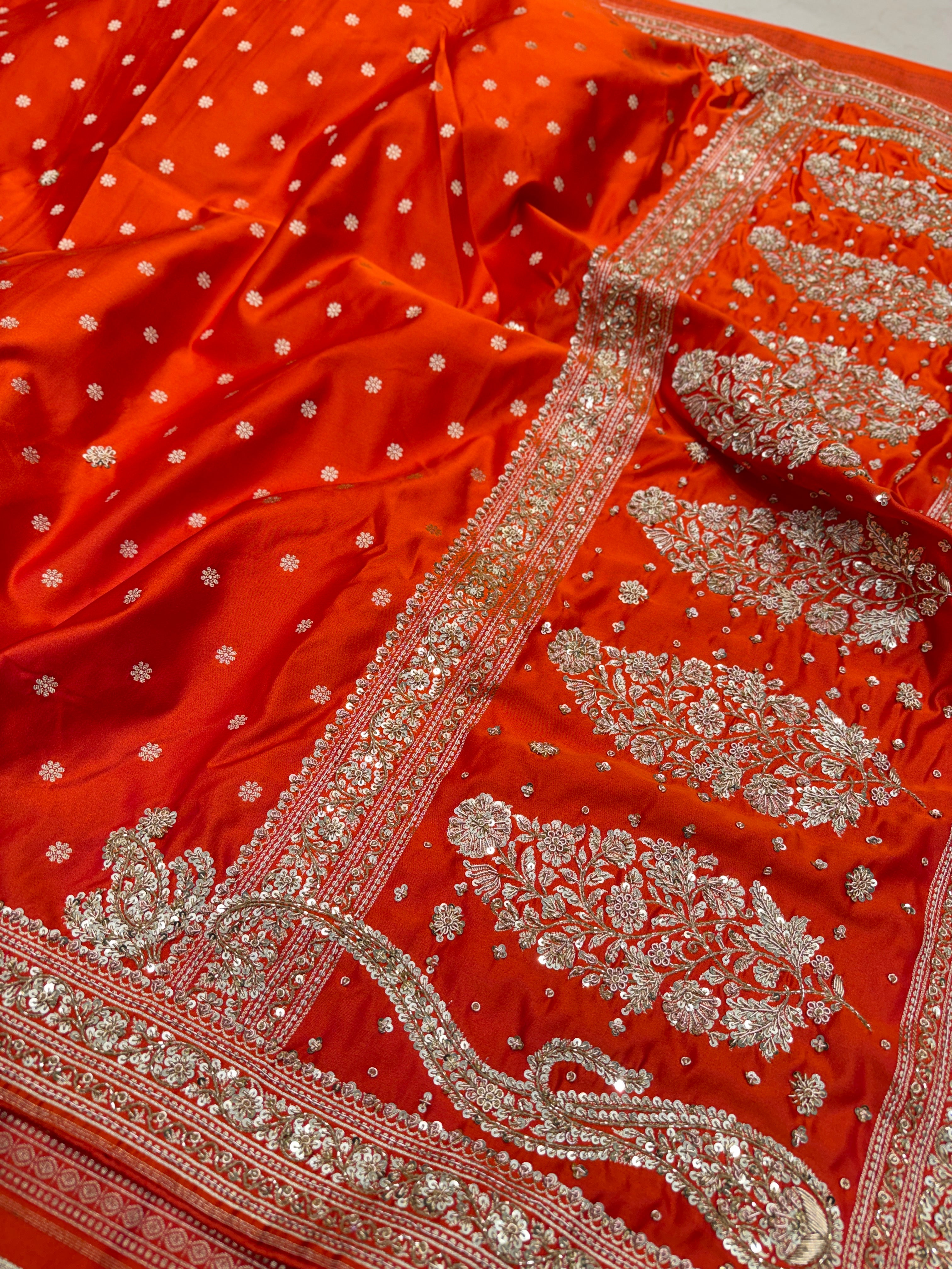 Rust Orange Banarasi Buttis Zardosi Hand Embroidery Saree