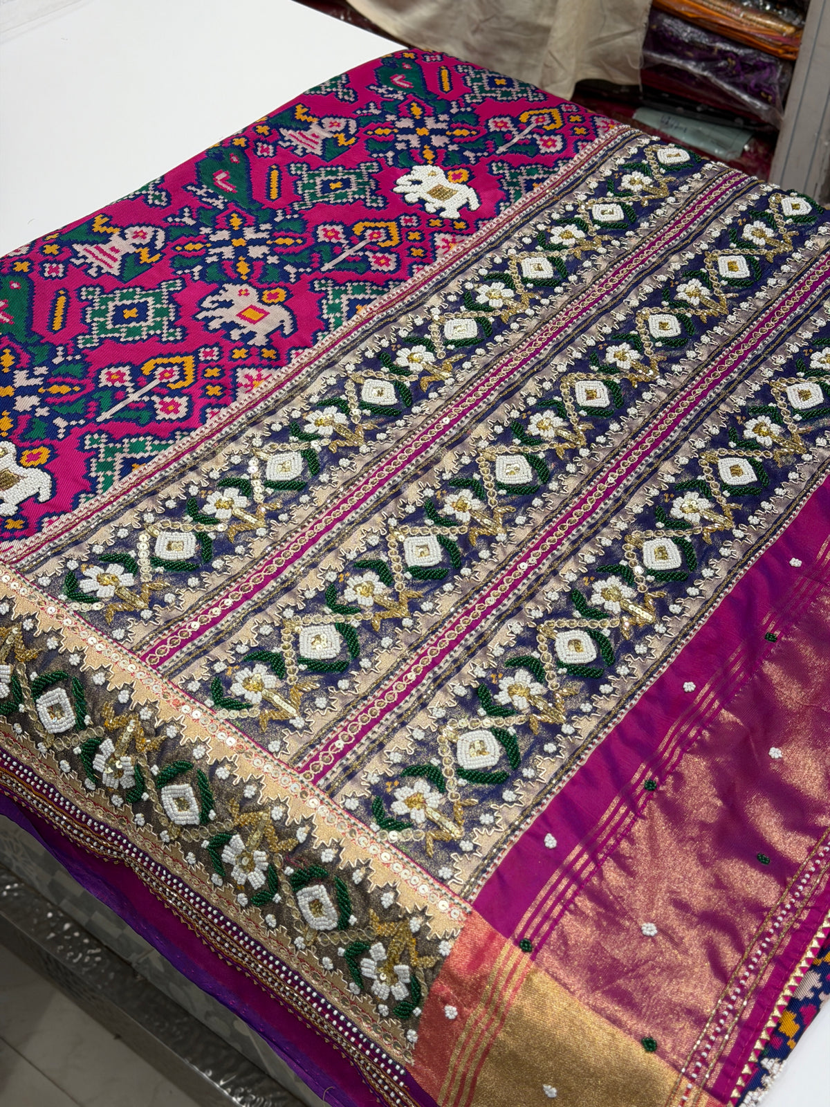 Rani Magenta Semi Silk Patola Kidiya Moti Hand Embroidery Saree