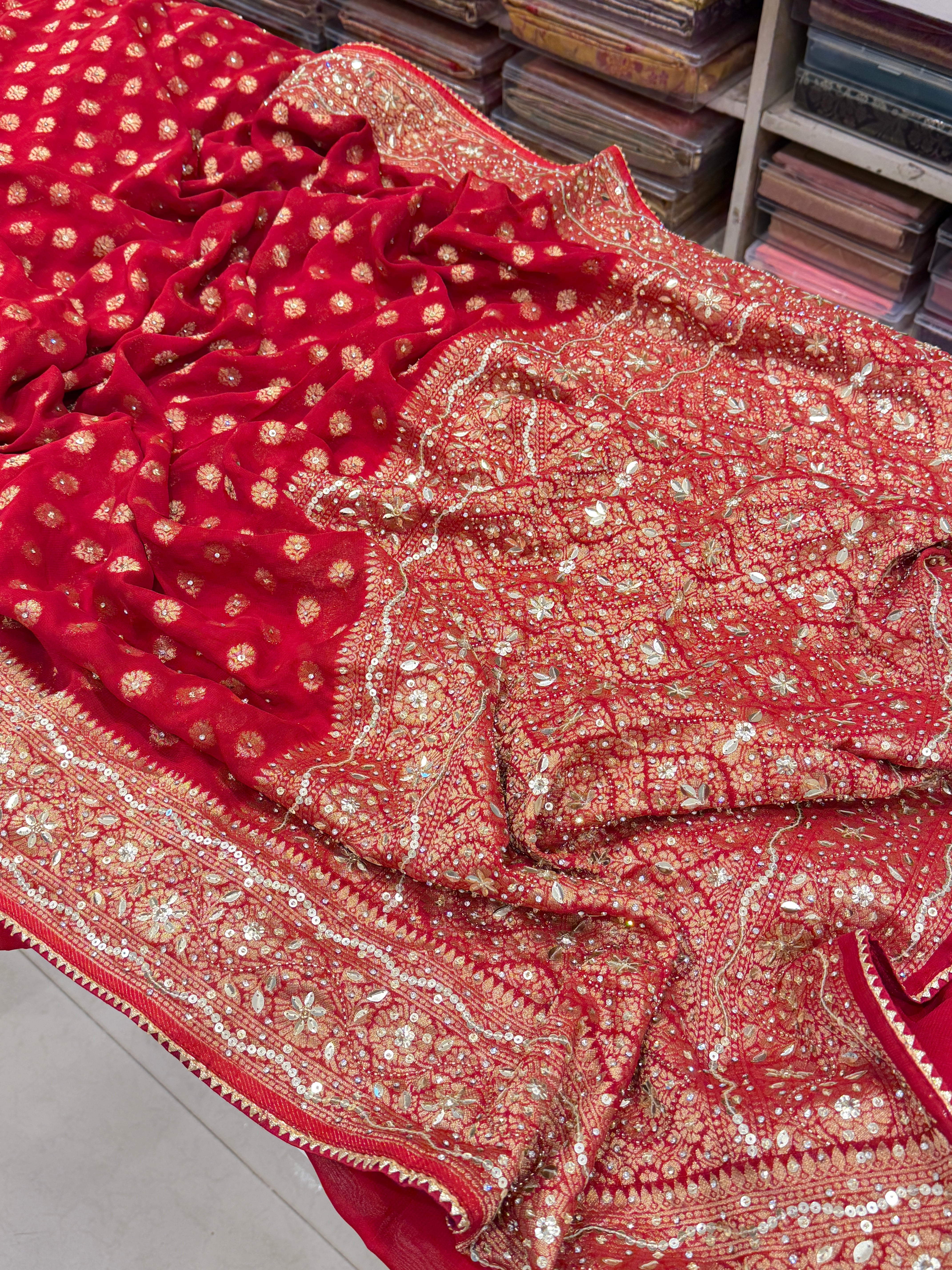 Red Banarasi Khaddi Georgette Butti Sequin Hand Embroidery Saree