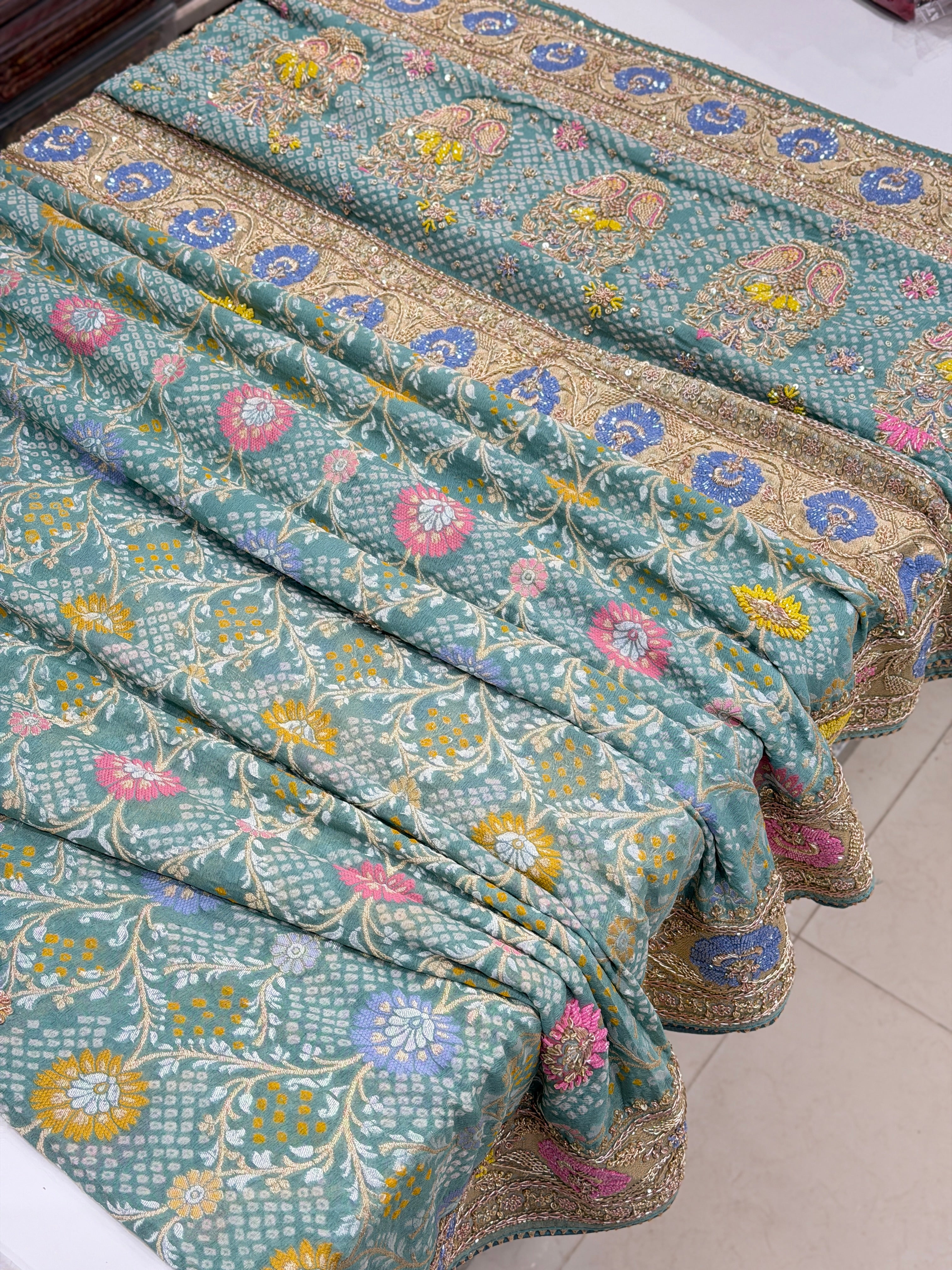 Pastel Powder Blue Meenakari Bandhej Zardodi Sequin Hand Embroidery Saree