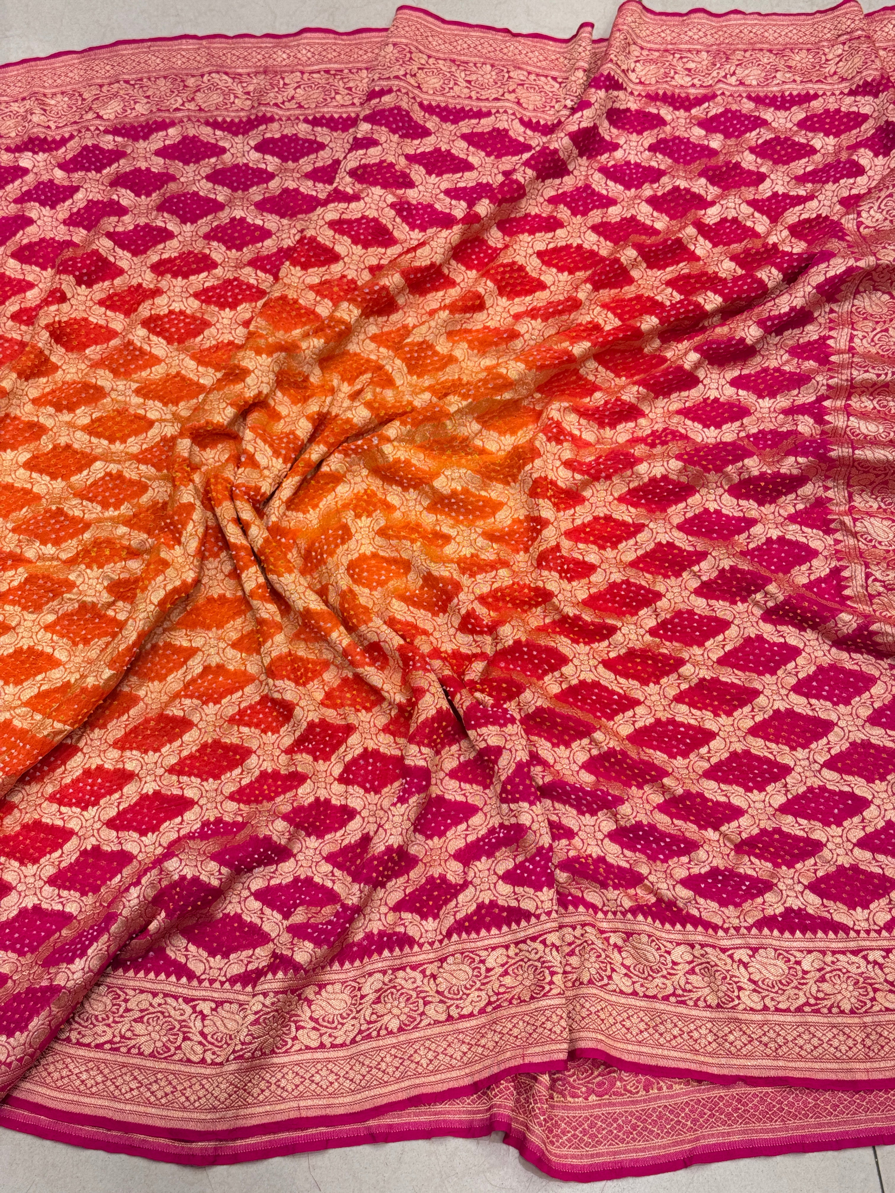 Shaded Orange Rani Bandhej Bandhini Saree