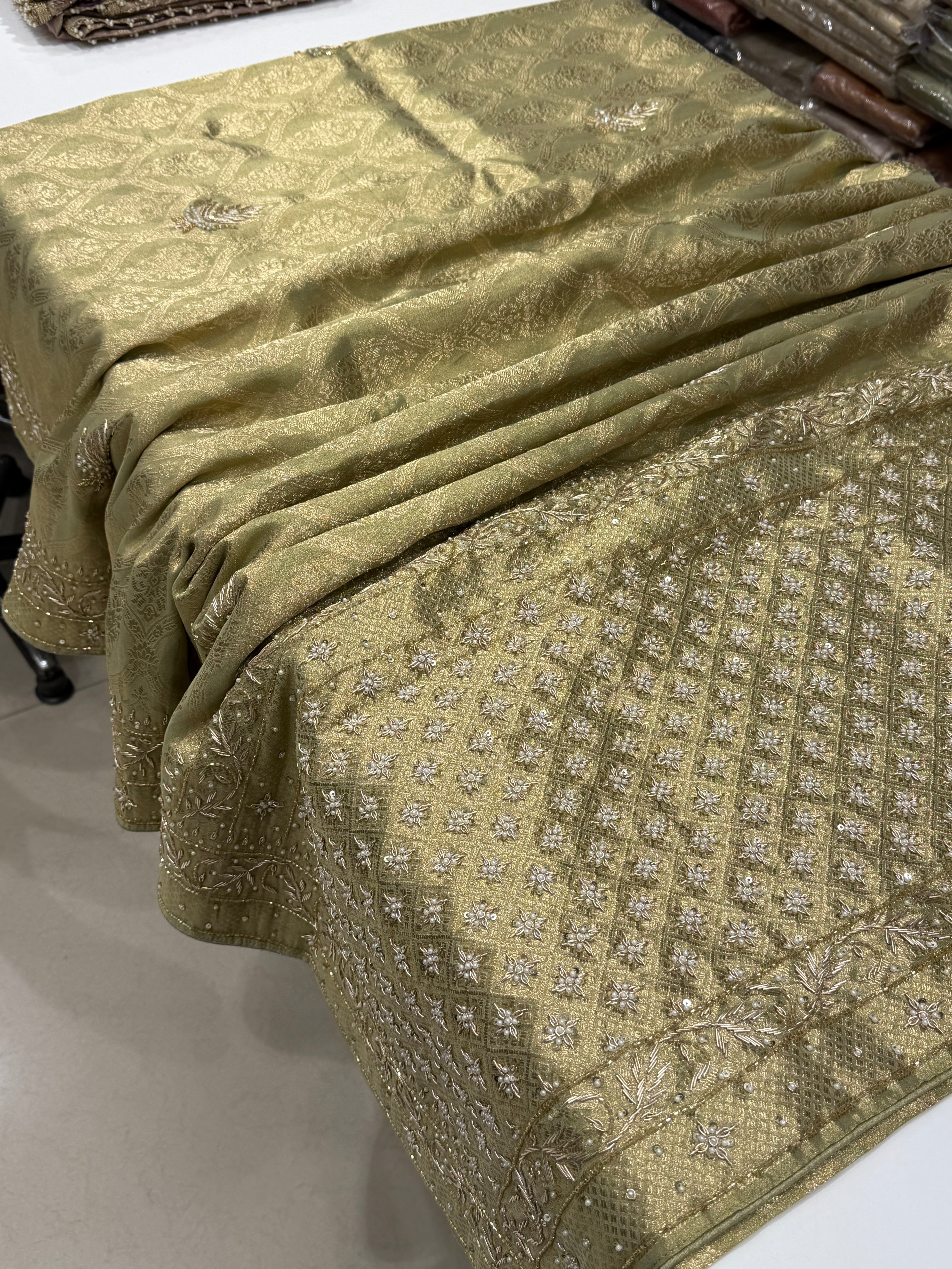 Pista Green Crown Jaal Banarasi Zardosi Embroidery Saree