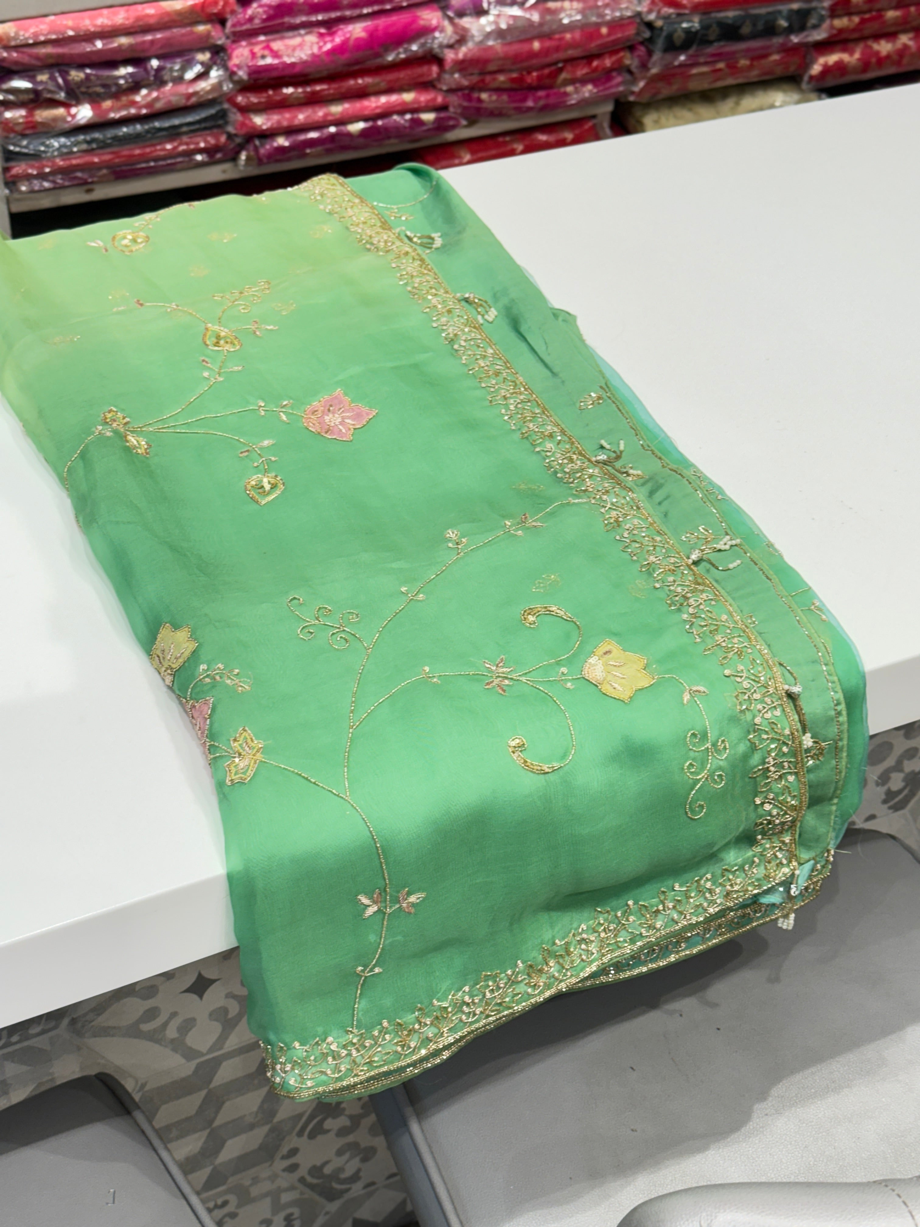 Green Shaded Pure Organza Patch Work Saree
