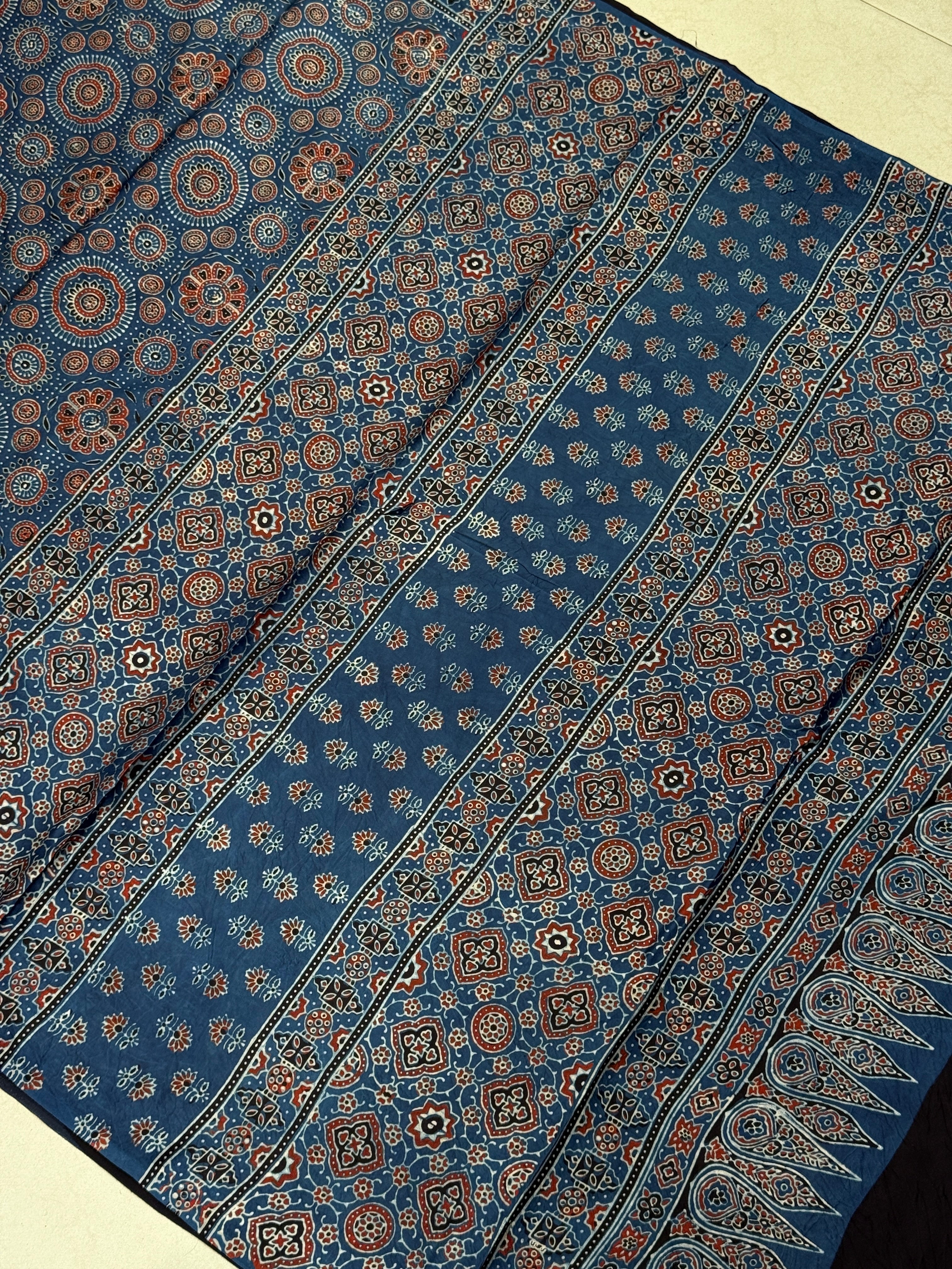 Blue Jewelled Jaal Ajrakh Modal Gajji Silk Saree
