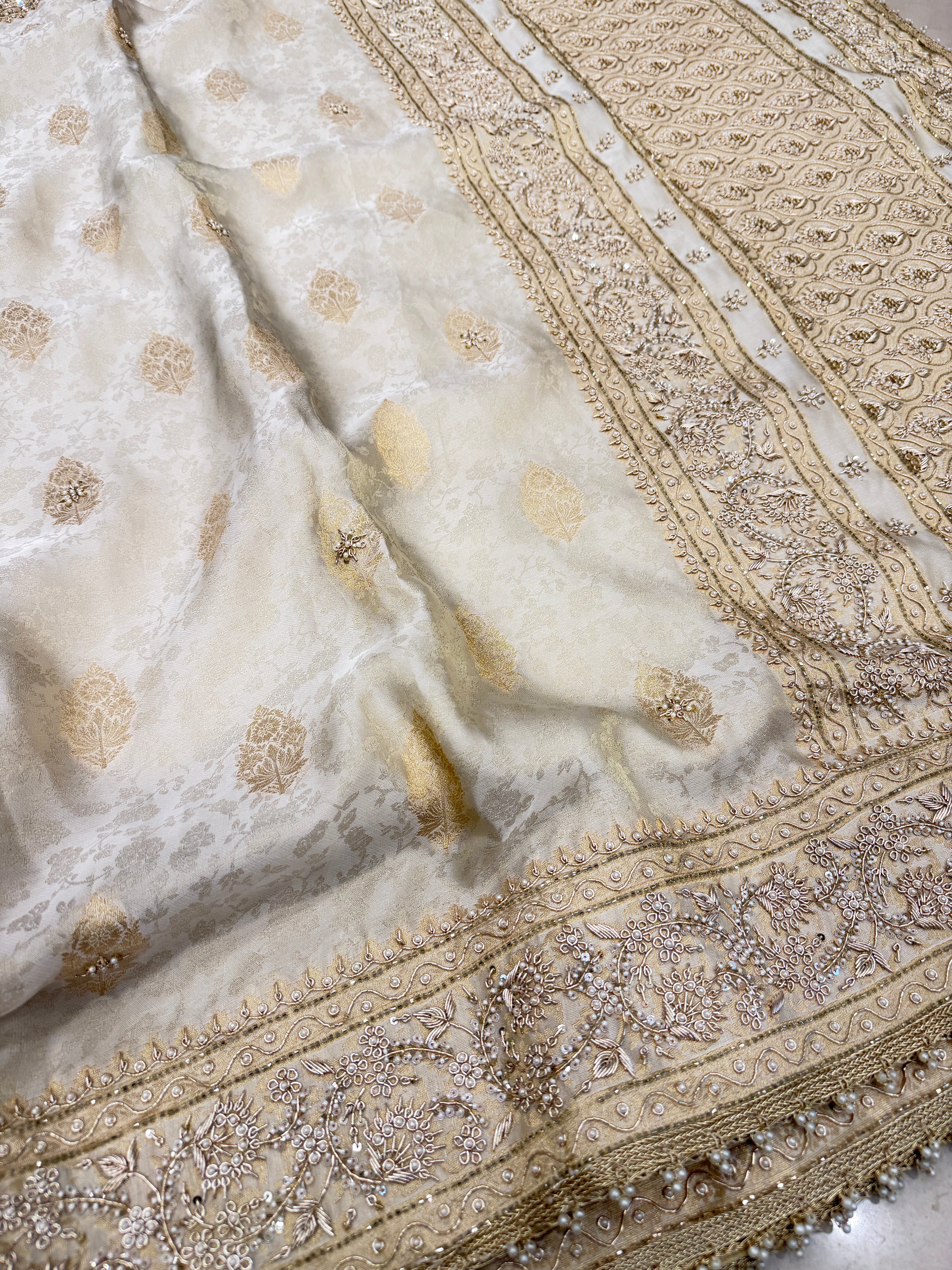 Creme Jaquard Weave Satin Zardosi Hand Embroidery Saree