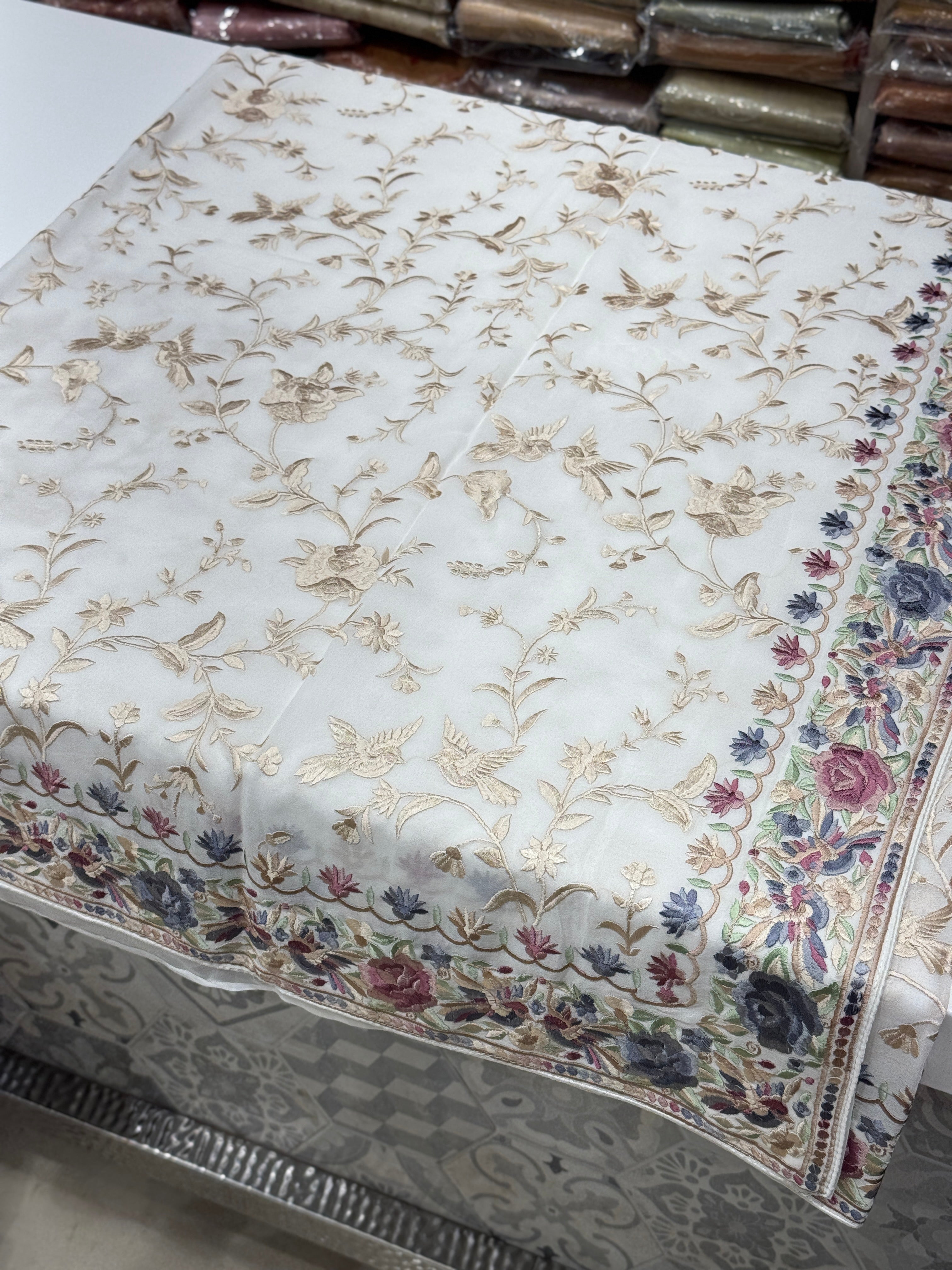 White Georgette Multi Colour Jaal Parsi Gara Saree