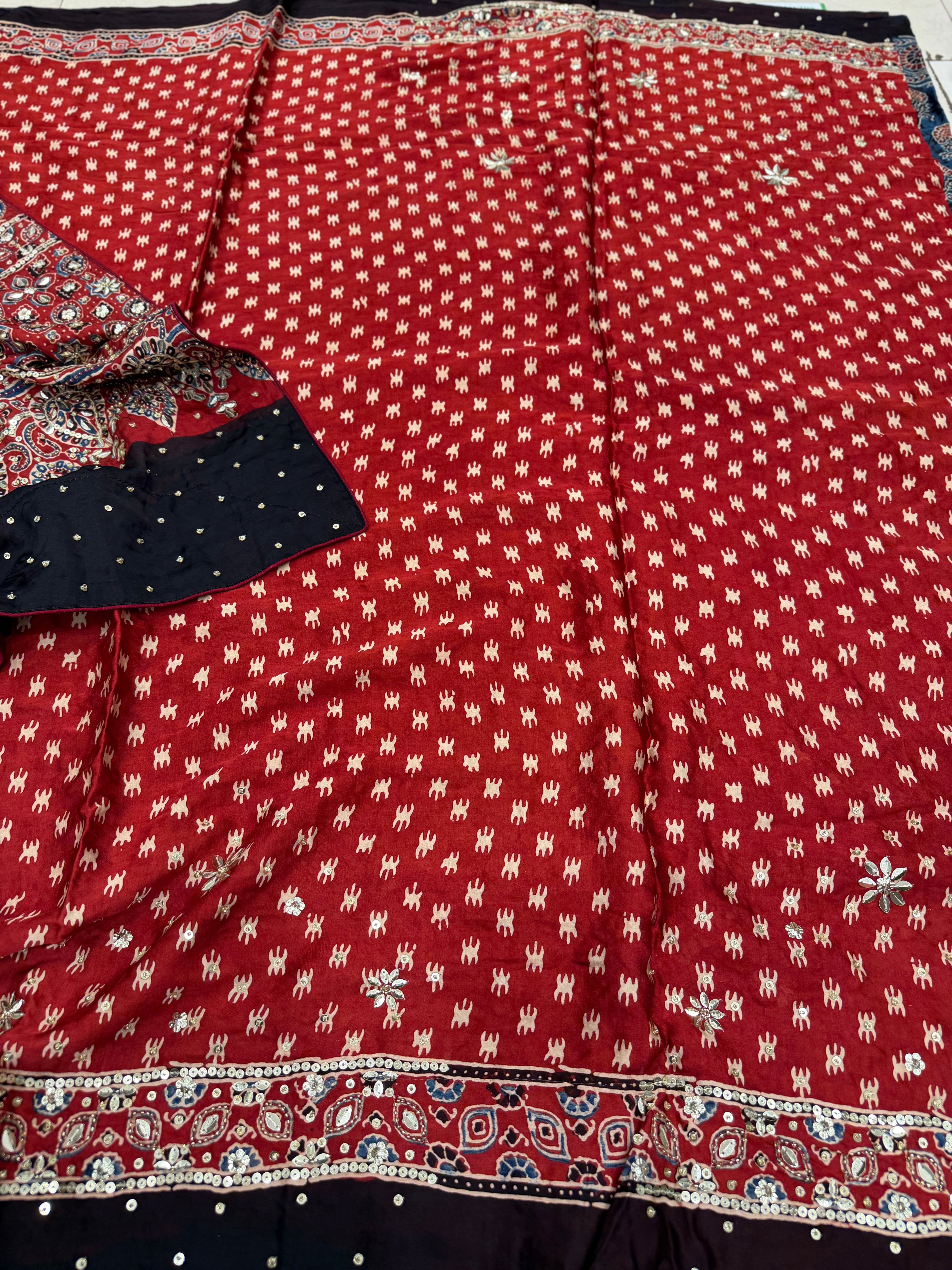 Blue Red Buttas Ajrakh Sequin Moti Hand Embroidery Saree