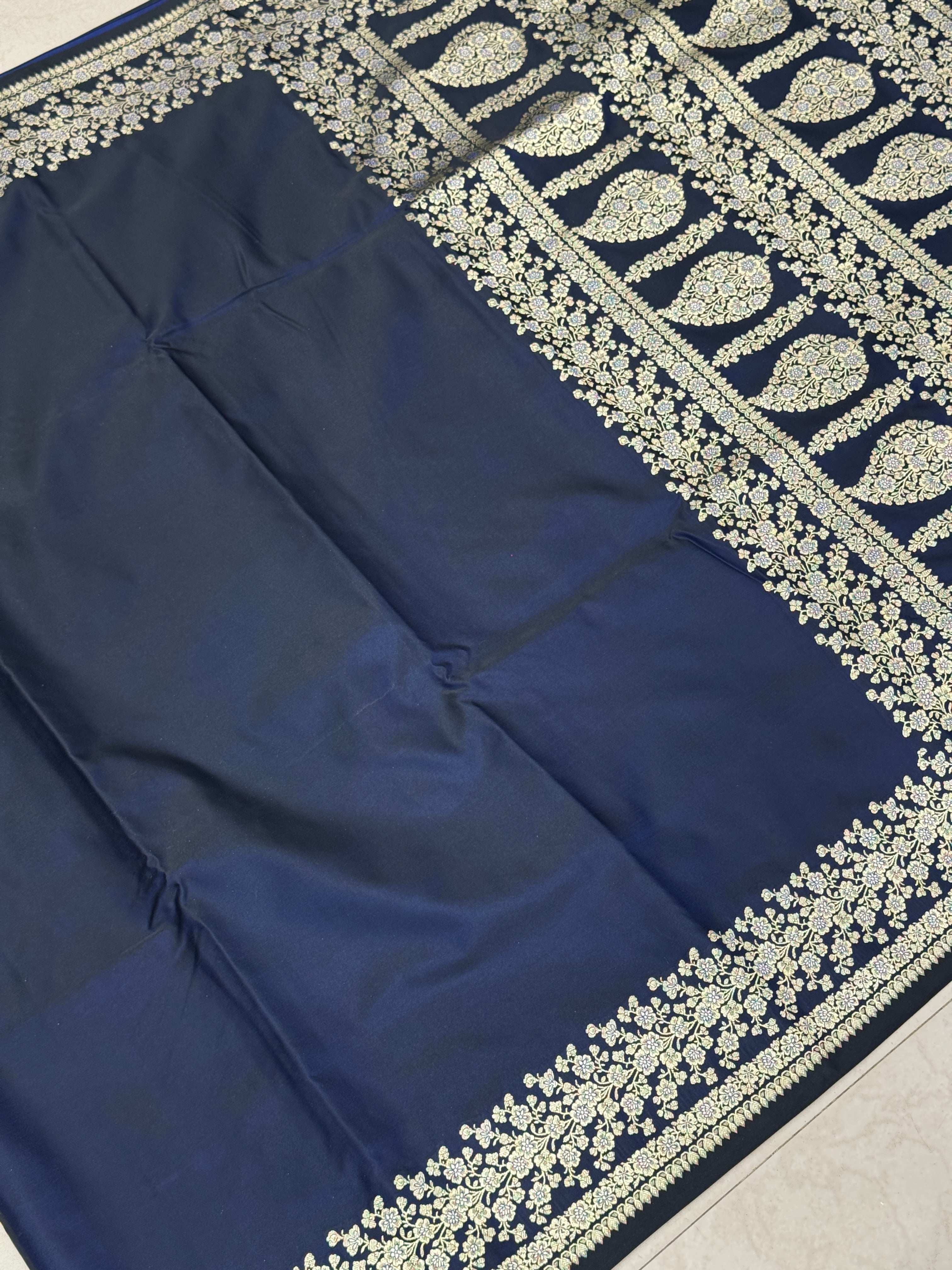 Blue Dhup Chav Banarasi Silk Plain Floral Border Saree