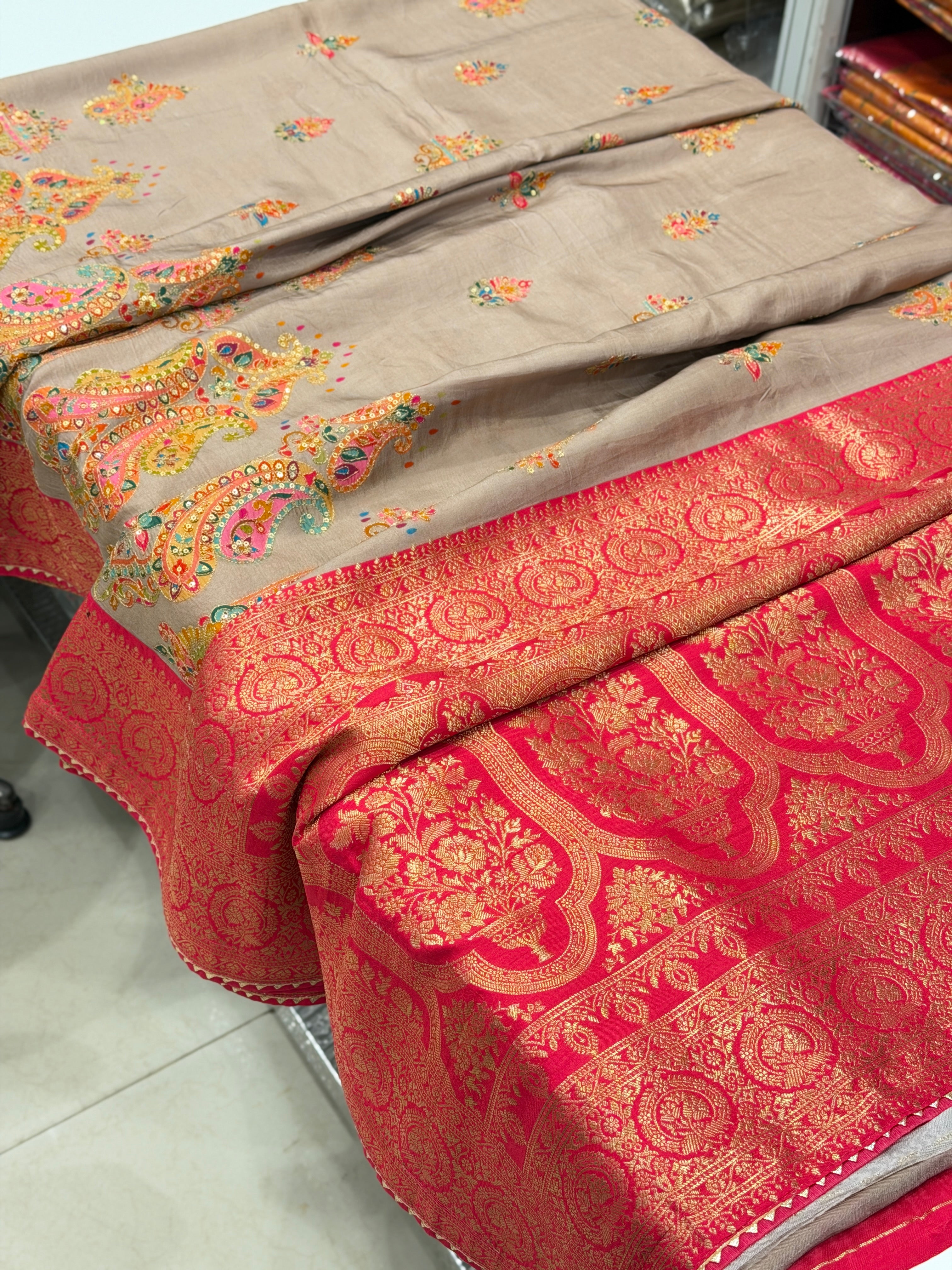 Grey Contemporary Banarasi Munga Pita Embroidery Saree