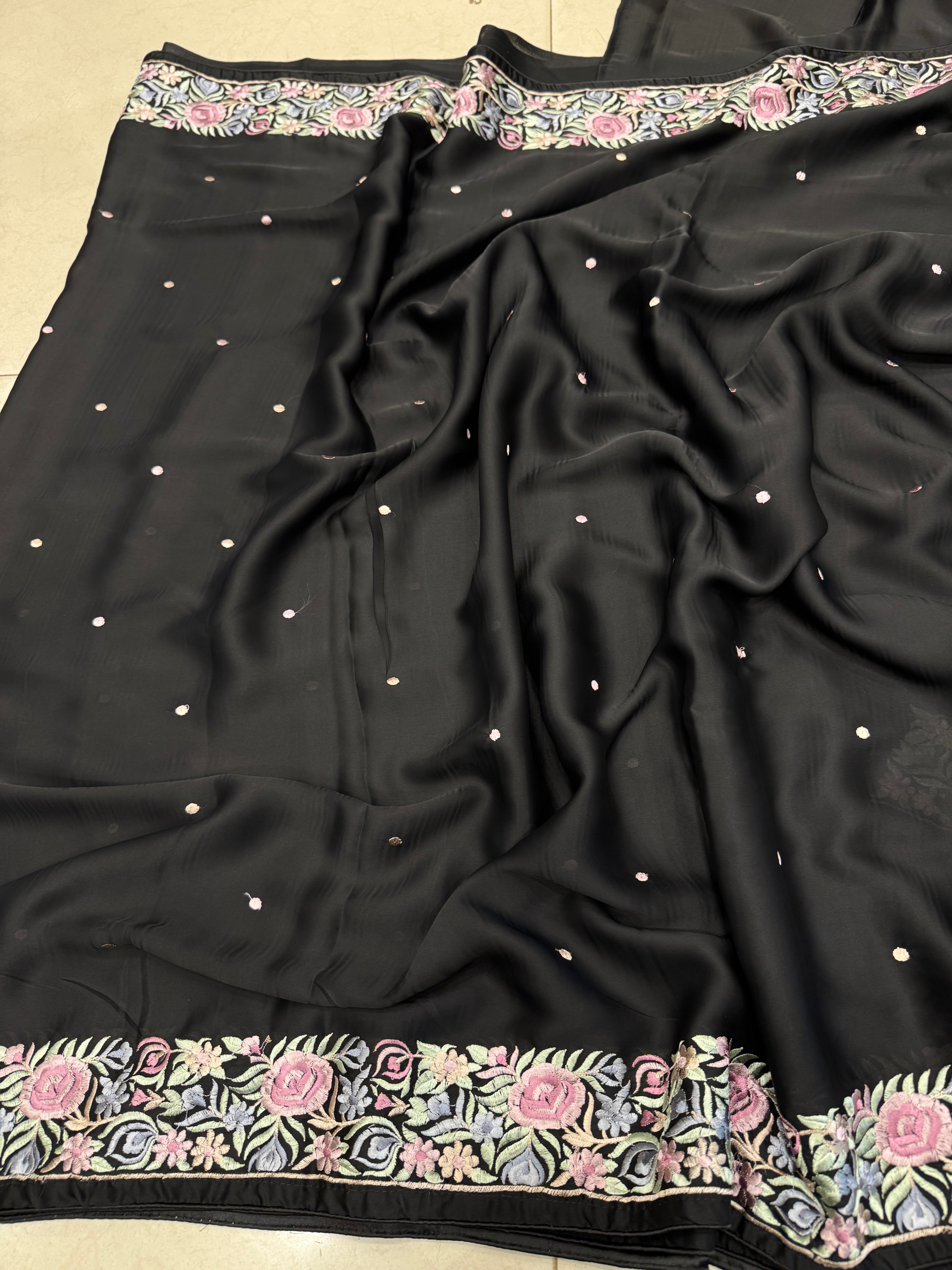 Black Satin Parsi Gara Saree