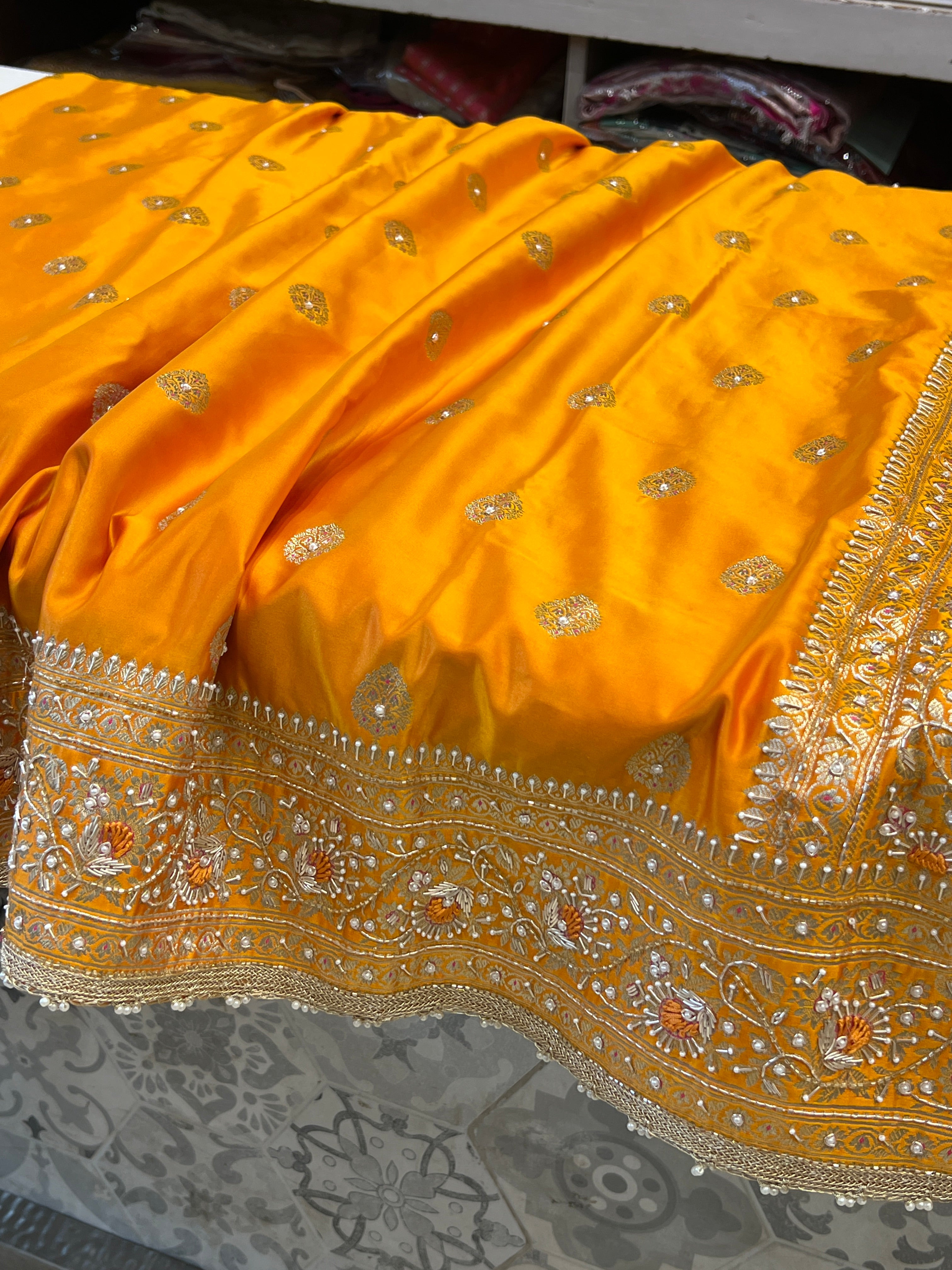 Mango Yellow Banarasi Buttas Resham Zardosi Hand Embroidery
