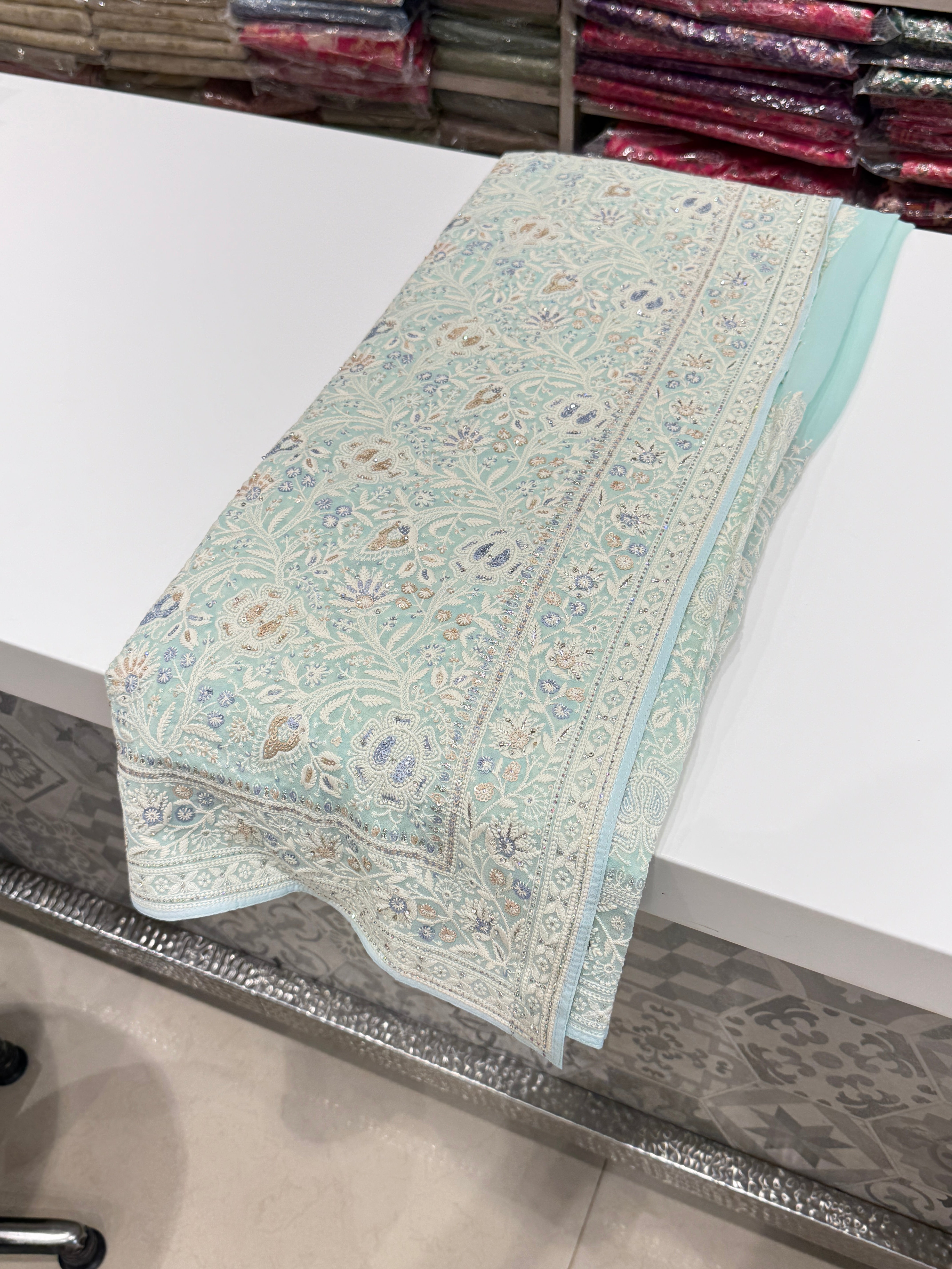 Blue Chikankari Saree Floral Design