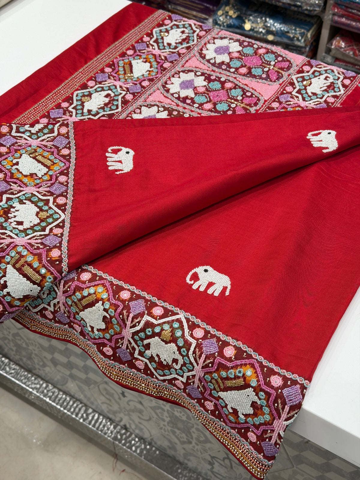 Red Pure Silk Patan Patola Hand Embroidery Kidiya Moti Saree