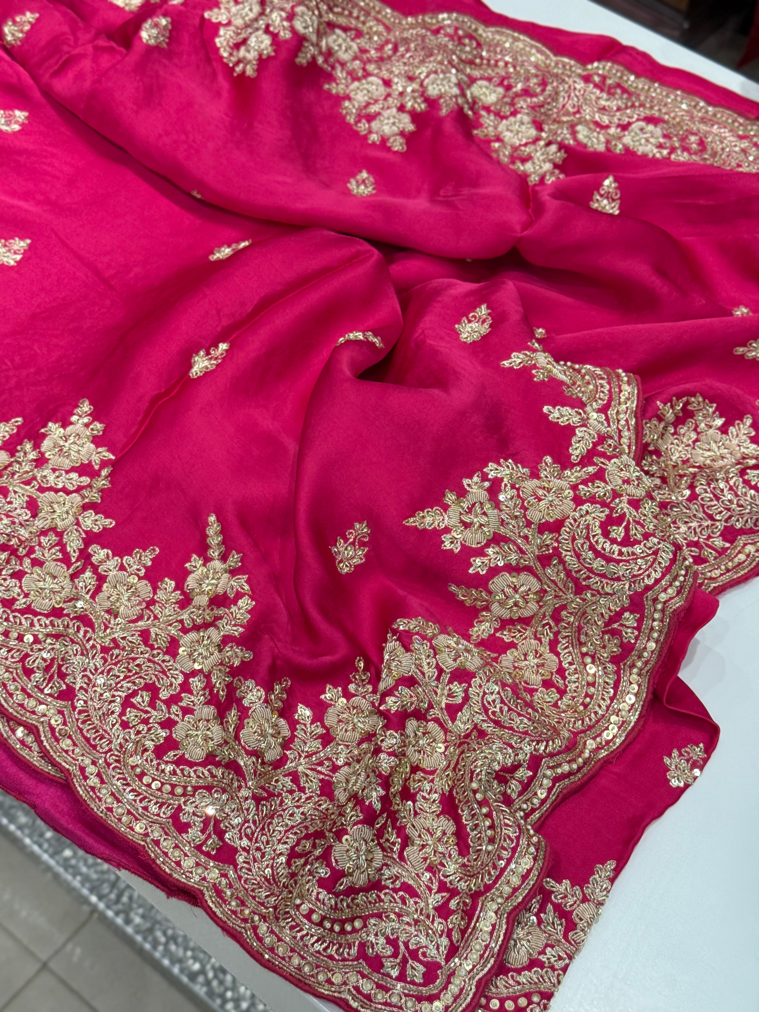 Rani Pink Buttis Satin Hand Embroidery Zardosi Saree