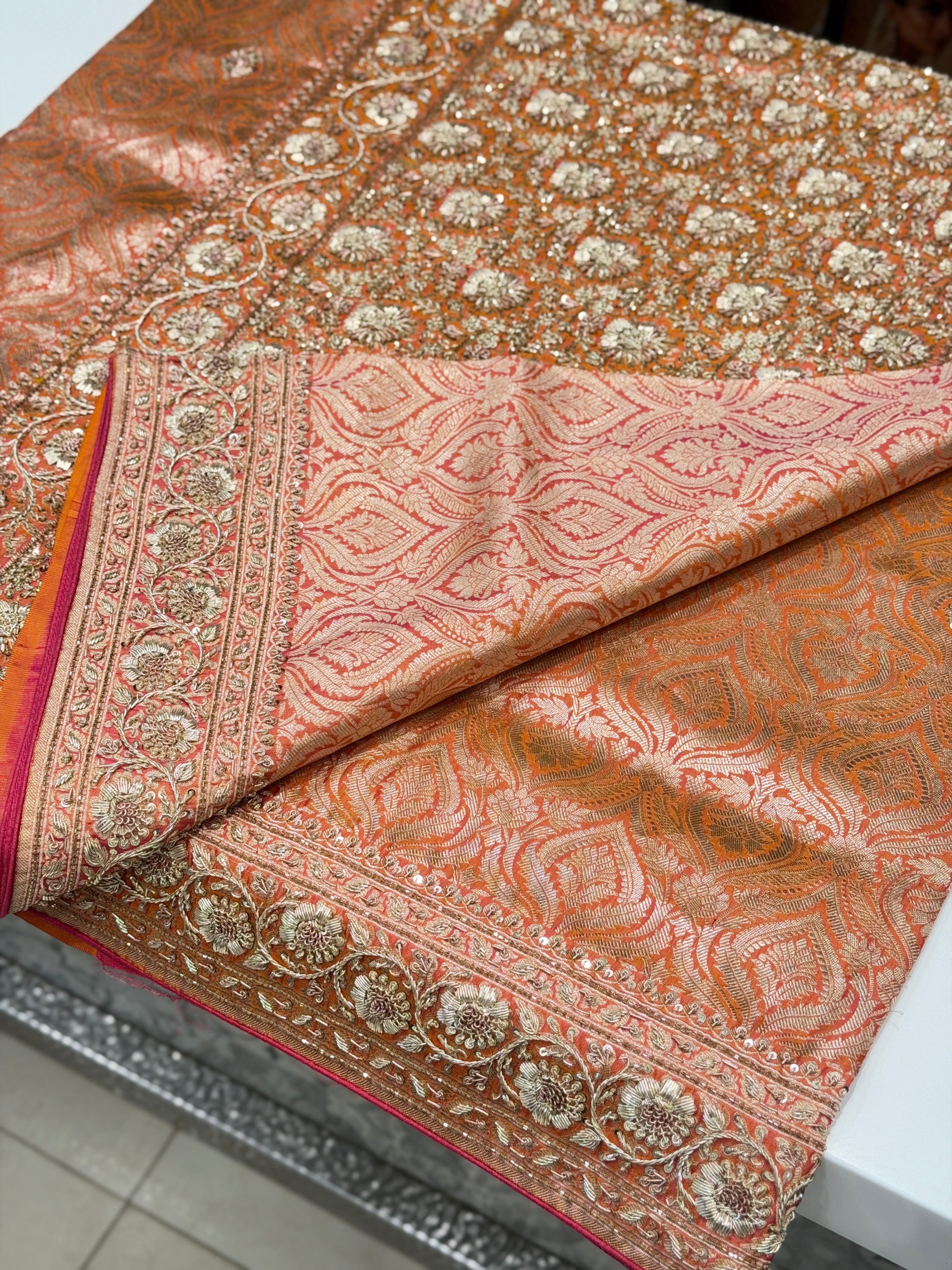 Rust Raw Mango Handloom Banarasi Pure Katan Zardosi Embroidery Saree
