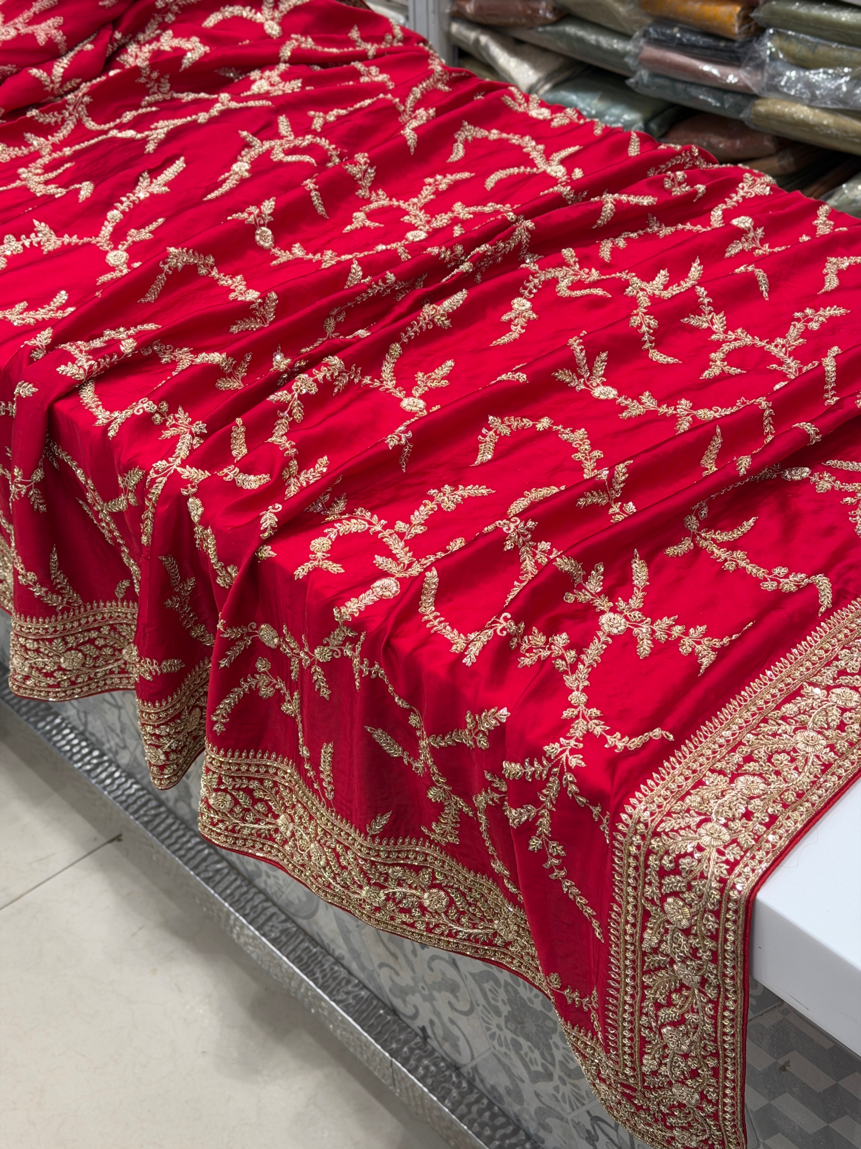 Red Pure Satin Silk Zardosi Hand Embroidery Jaal Saree
