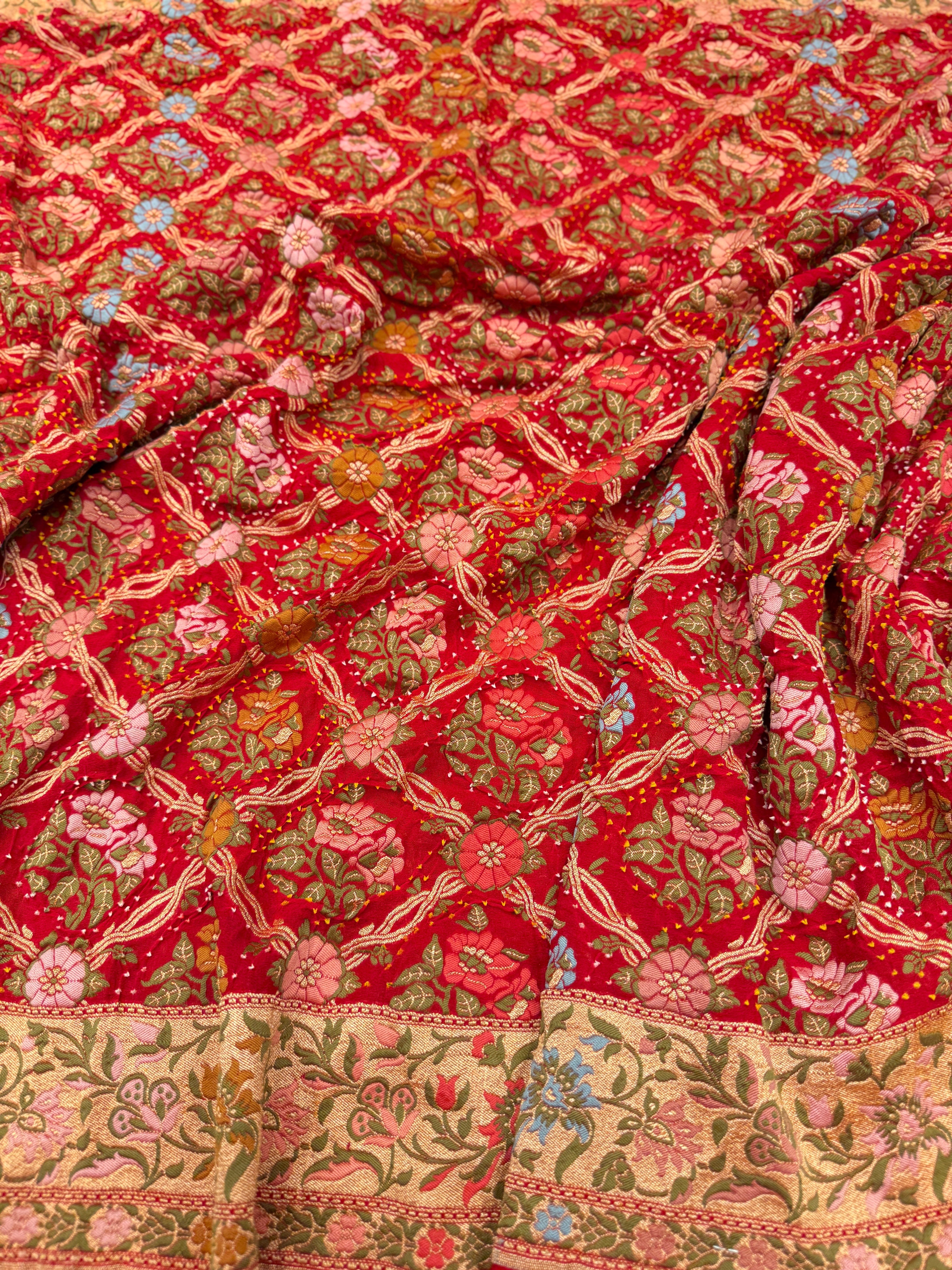 Red Floral Jaal Meenakari Rai Bandhej Georgette Bandhini Saree
