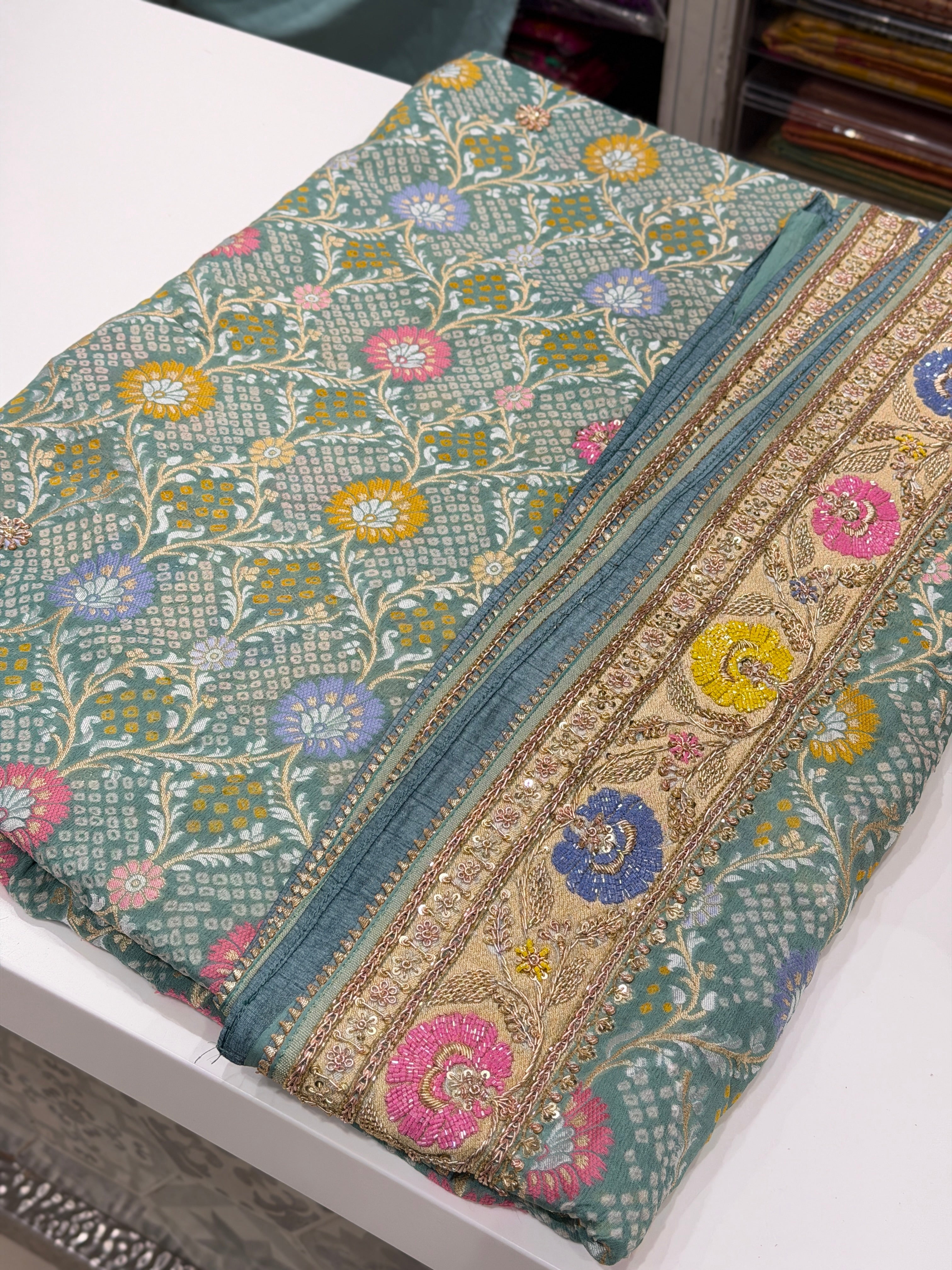 Pastel Powder Blue Meenakari Bandhej Zardodi Sequin Hand Embroidery Saree