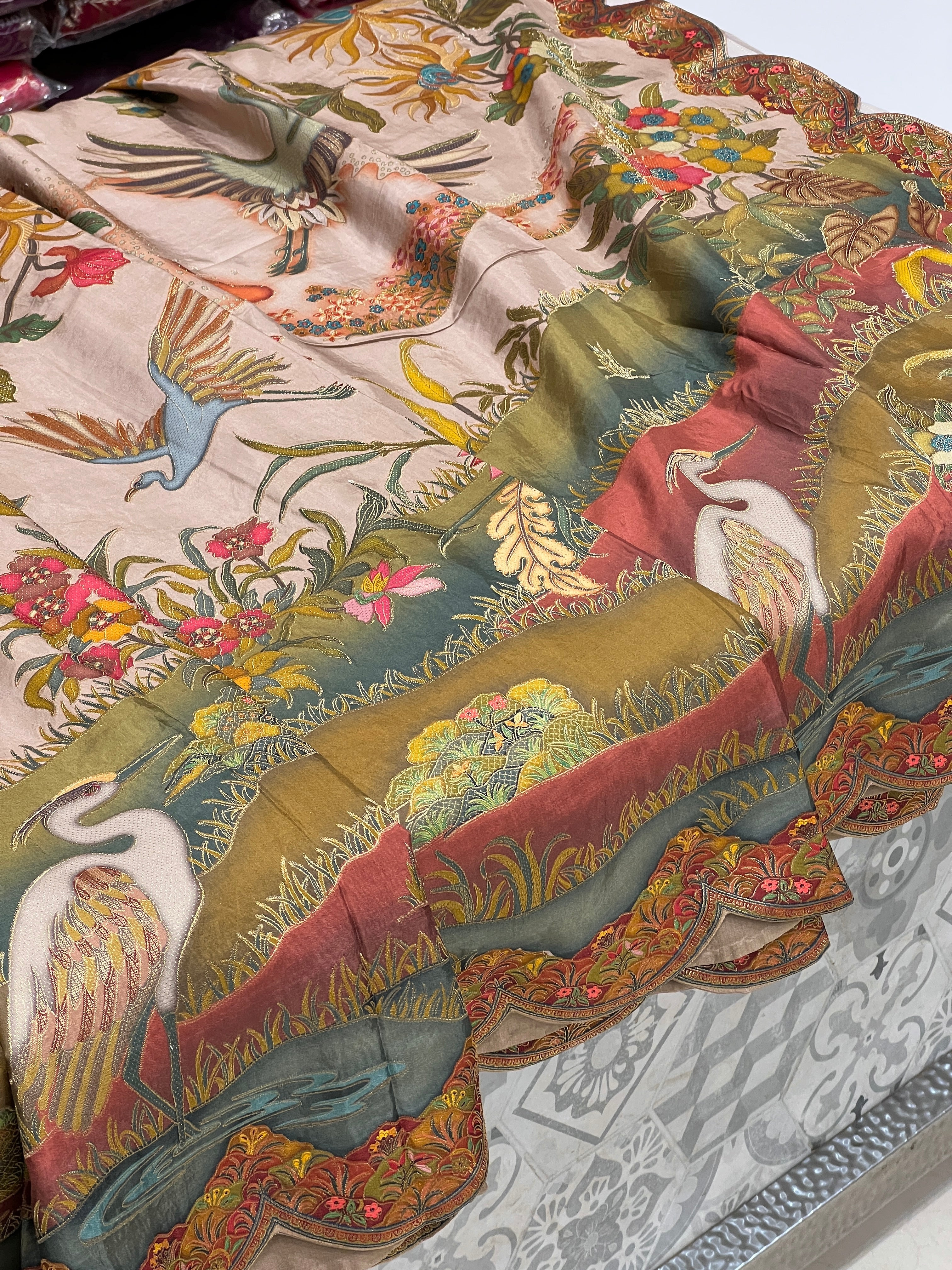 Nude Beige Munga Silk Landscape Saree
