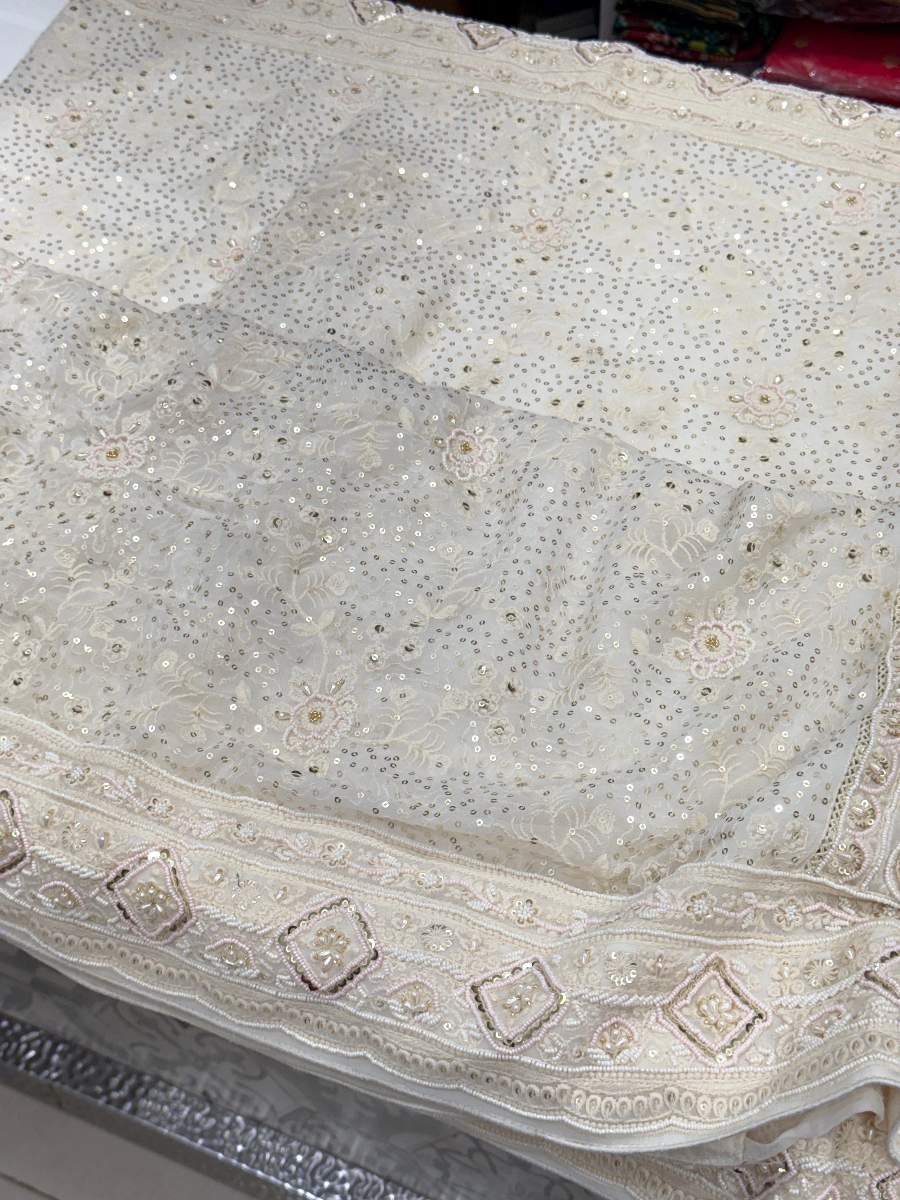 Off White Chikankari Moti Sequin Hand Embroidery Saree