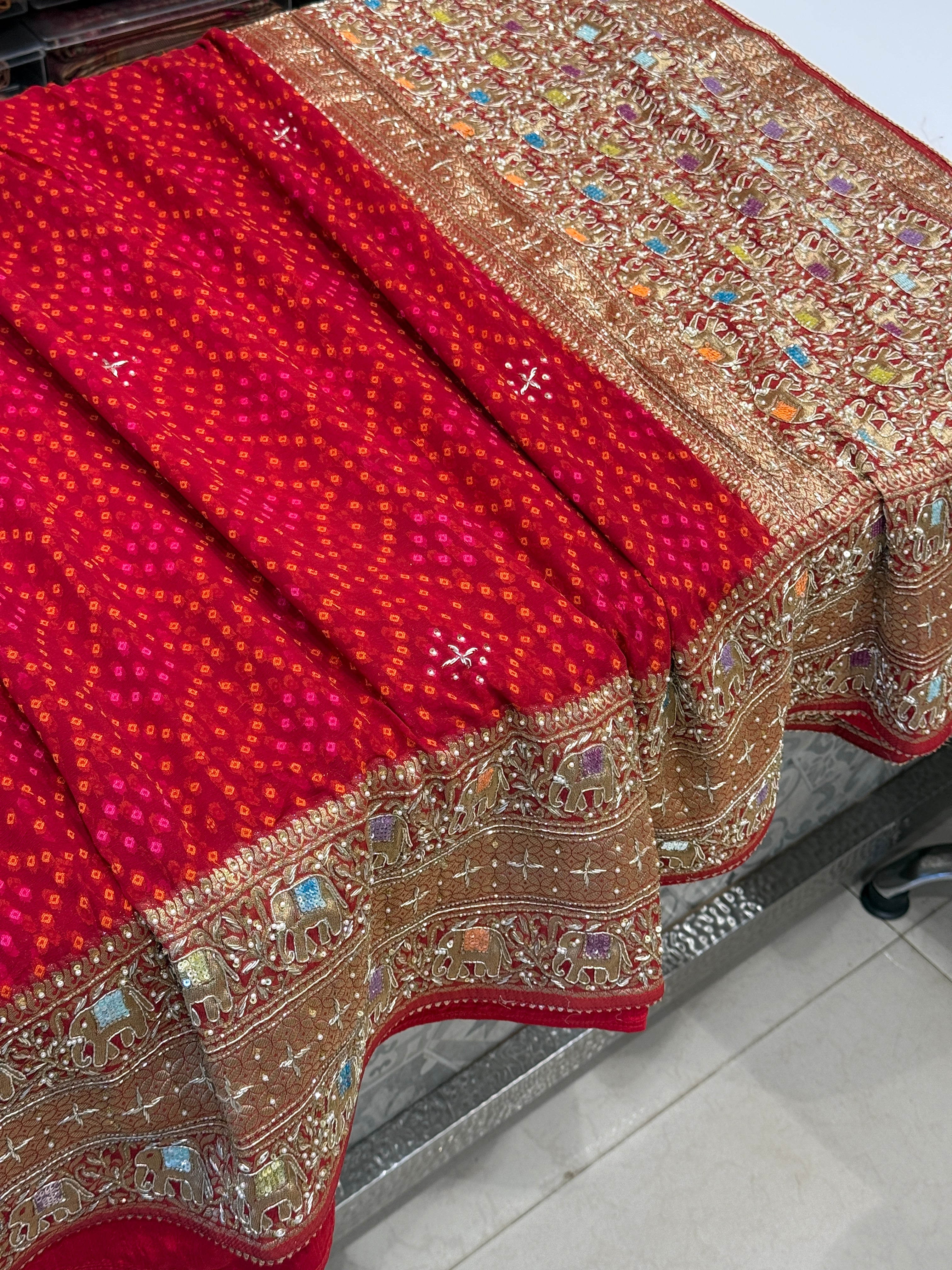 Red Bandhej Georgette Elephant Theme Hand Embroidery Saree