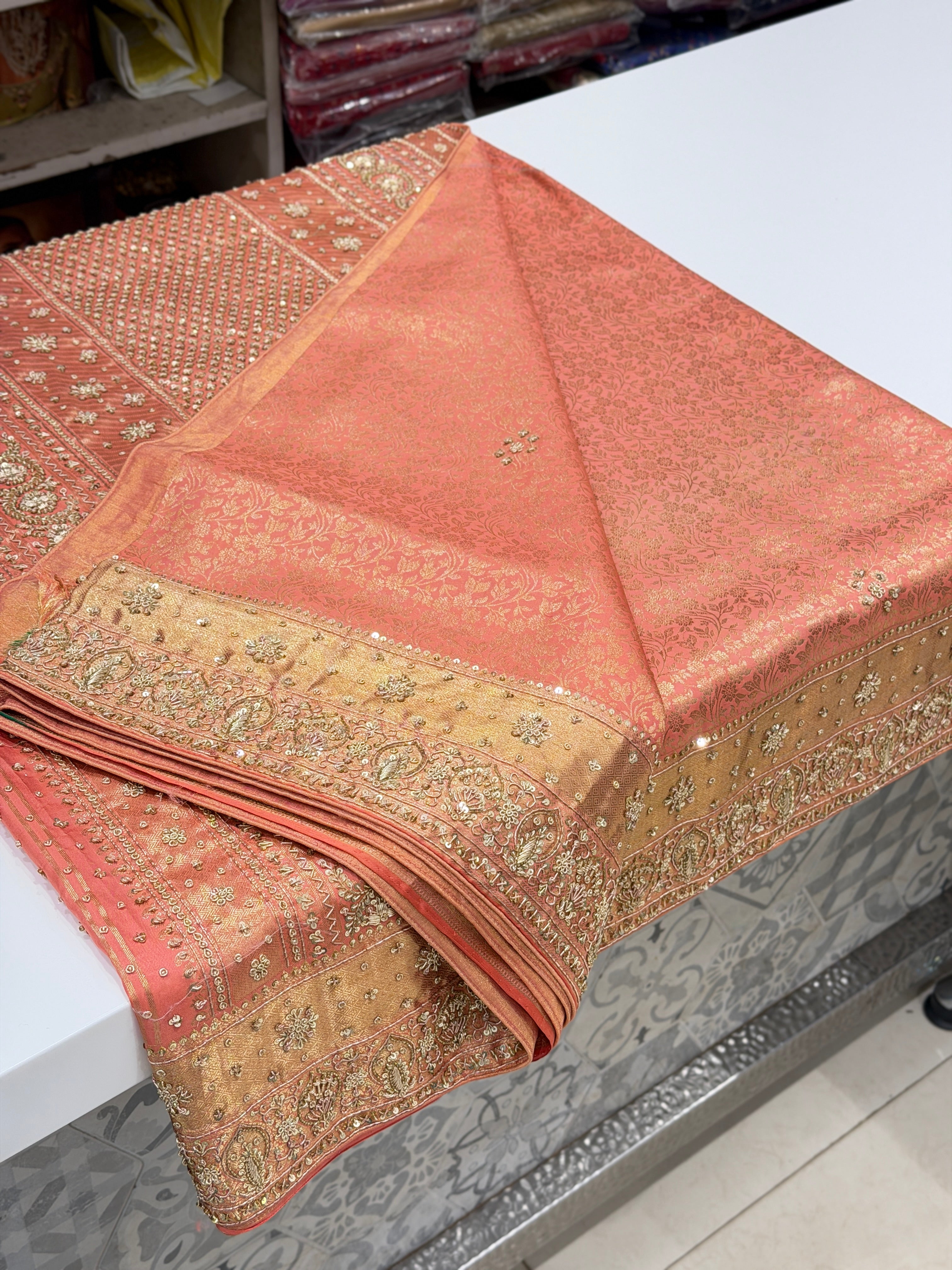 Pastel Peachish Pink Kanjivaram Zardosi Hand Embroidery Saree