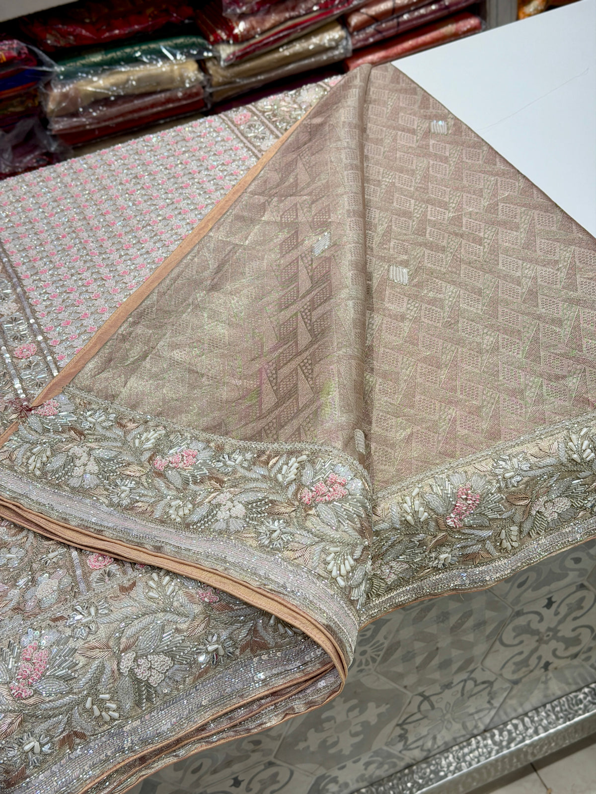 Nude Peachish Pink Silver Kanjivaram Three Zari Hand Embroidery Zardosi Moti Sequin Saree
