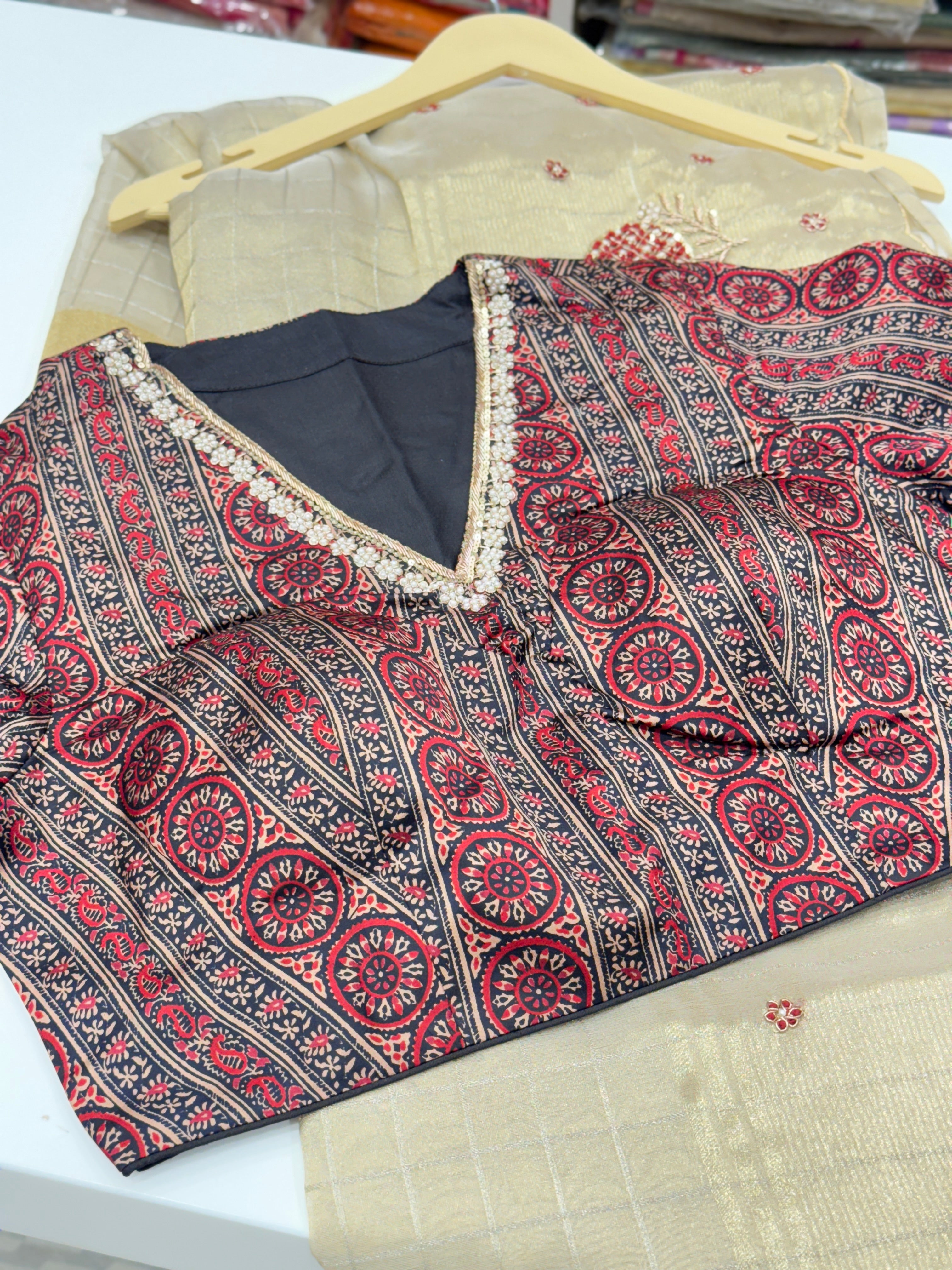 Golden Tissue With Ajrakh Ready Blouse Hand Embroidery