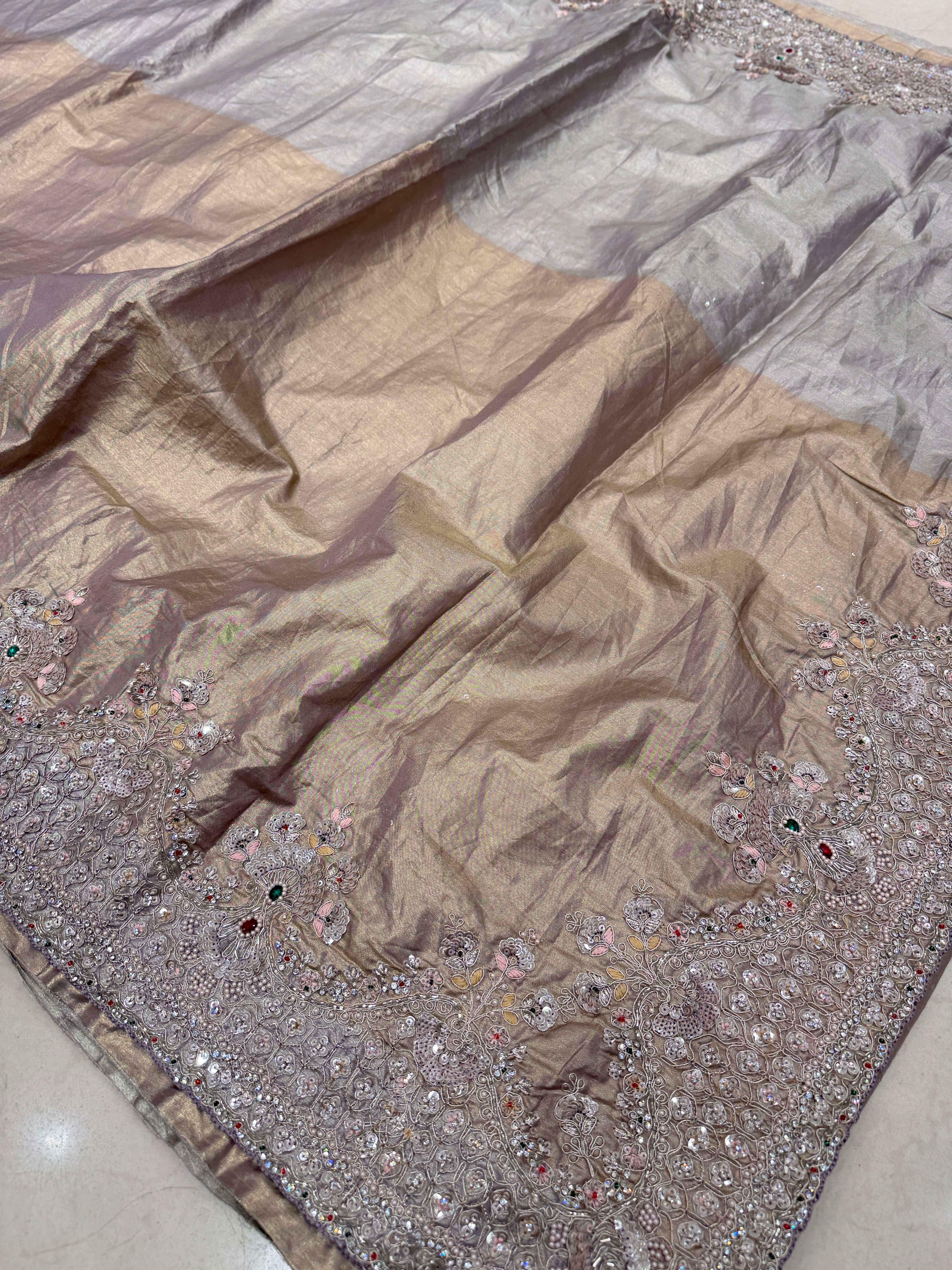 Golden Silver Crushed Paper Tissue Silk Embroidery Saree