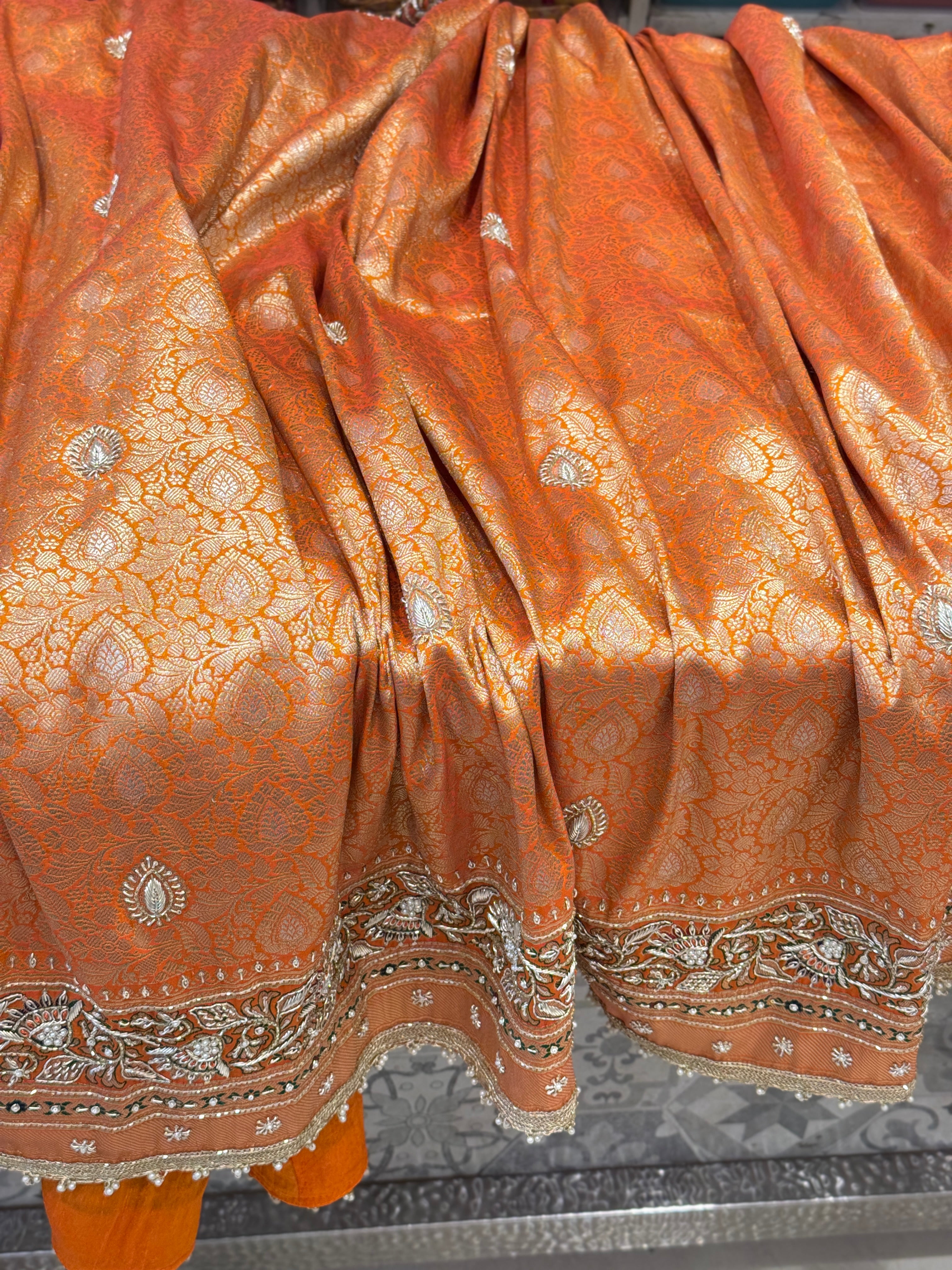 Orange Meenakari Banarasi Zardosi Hand Embroidery Saree