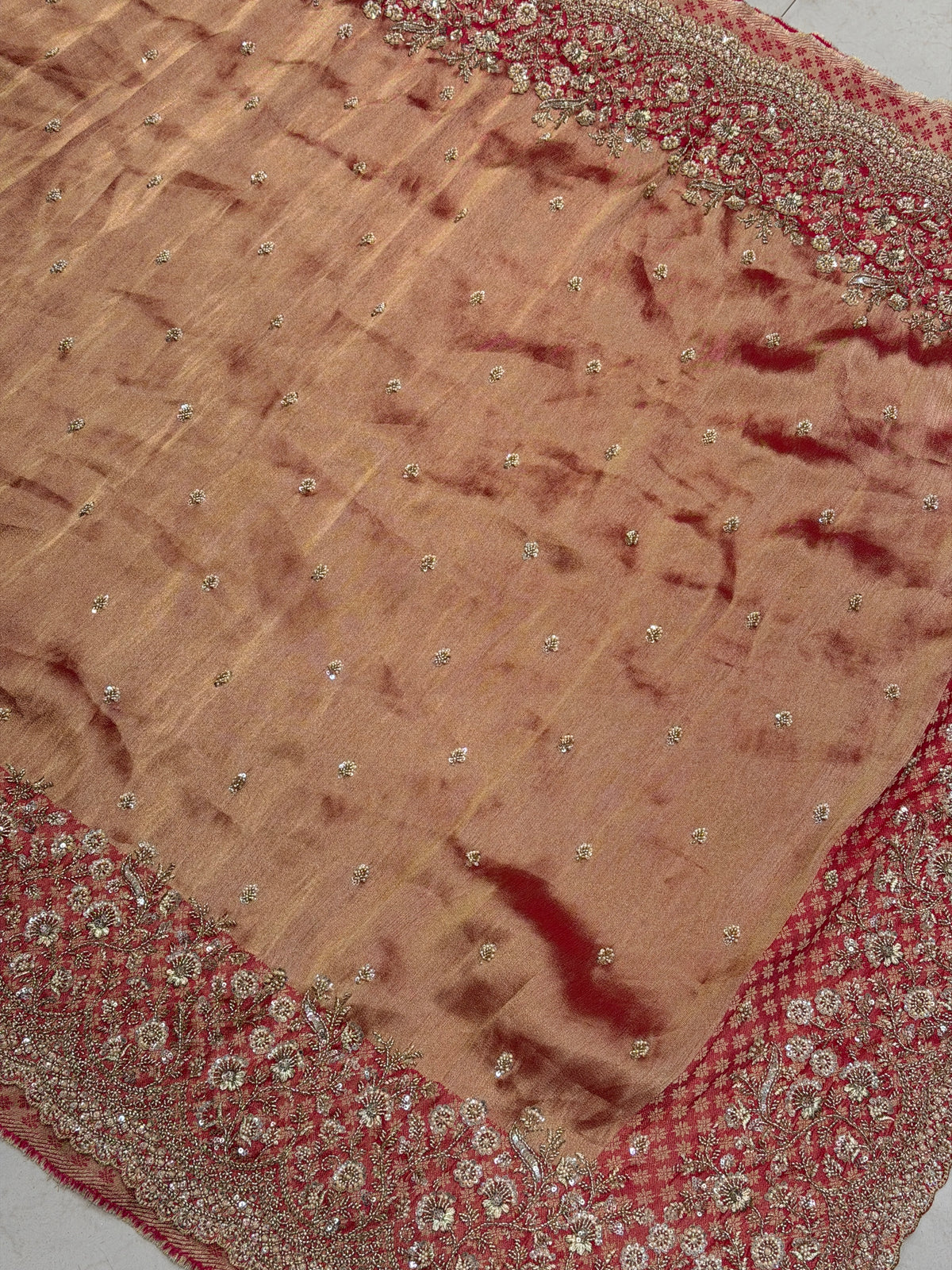 Rani Pink Crepe Tissue Embroidery Ready Blouse Saree