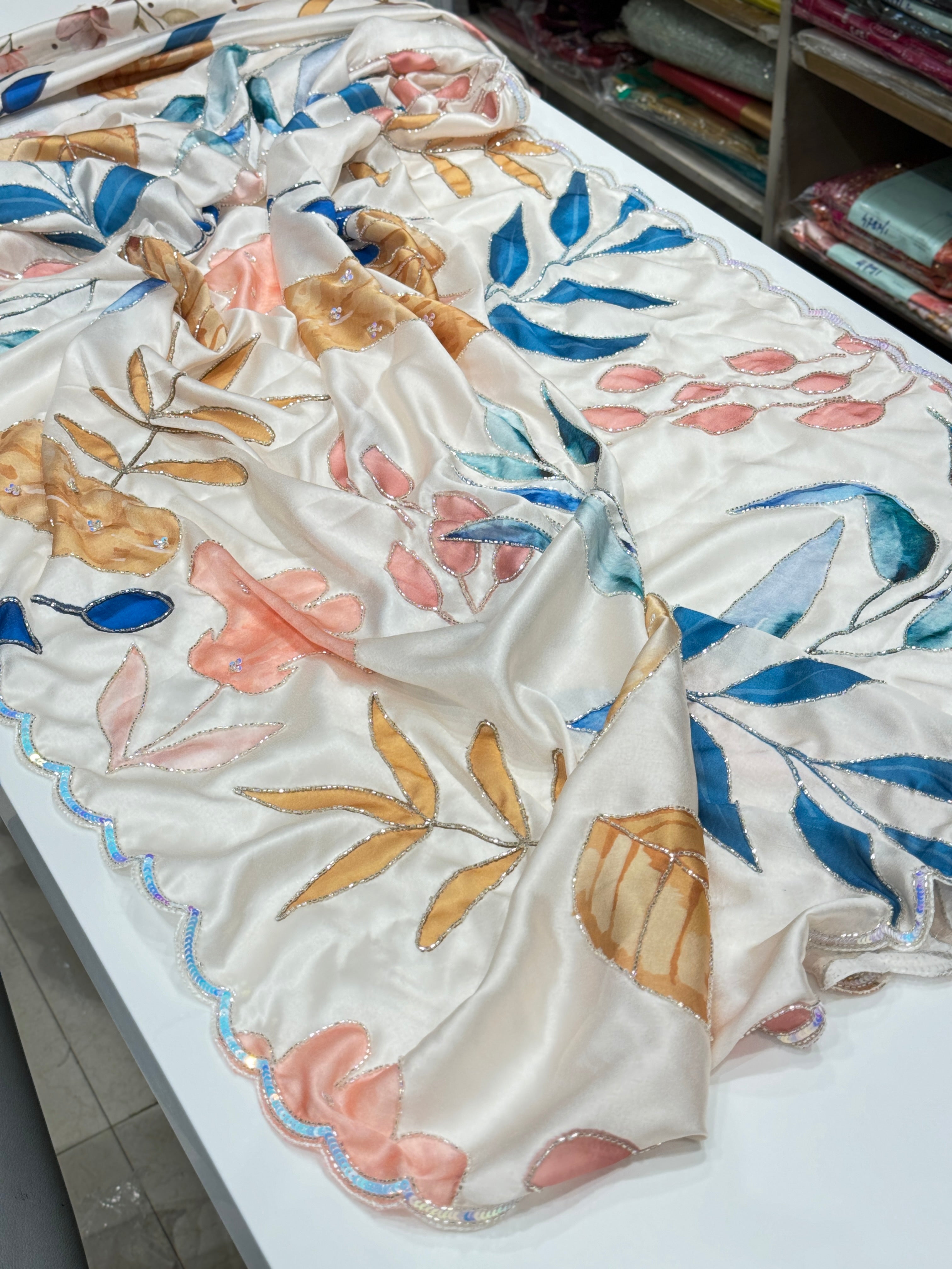 Floral Japanese Satin Hand Embroidery Saree