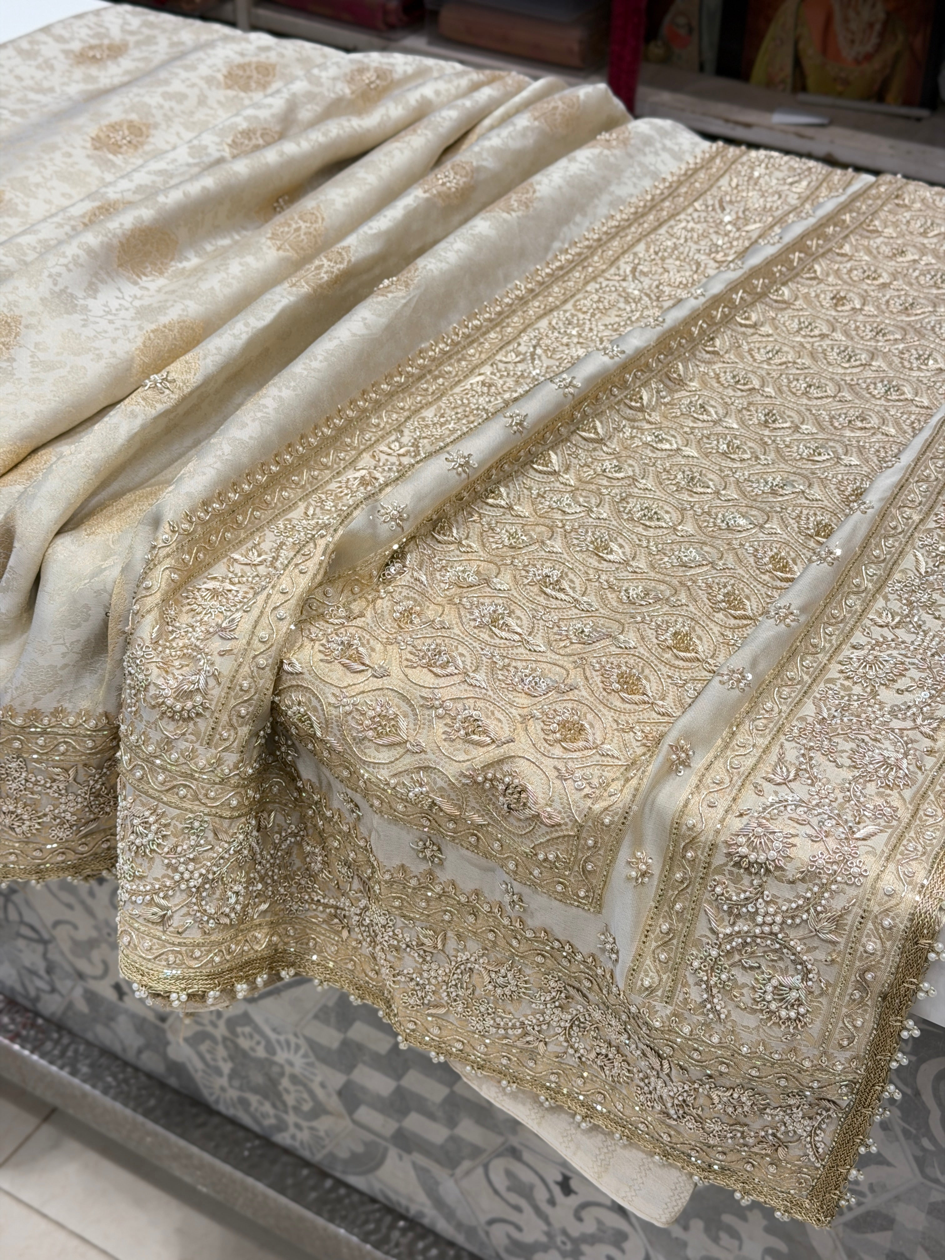 Creme Jaquard Weave Satin Zardosi Hand Embroidery Saree