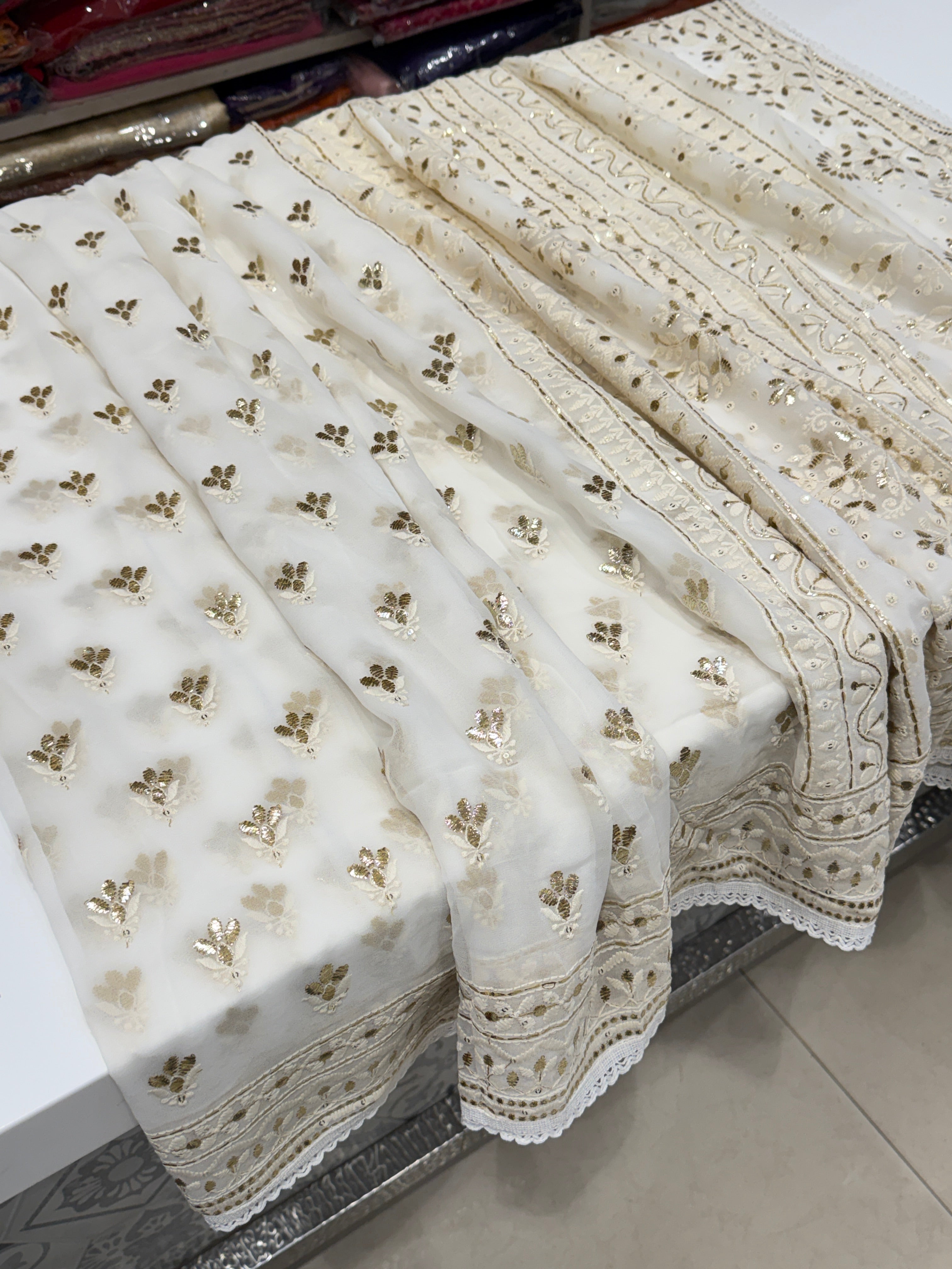 White Georgette Badla Embroidery Buttis Chikankari Saree