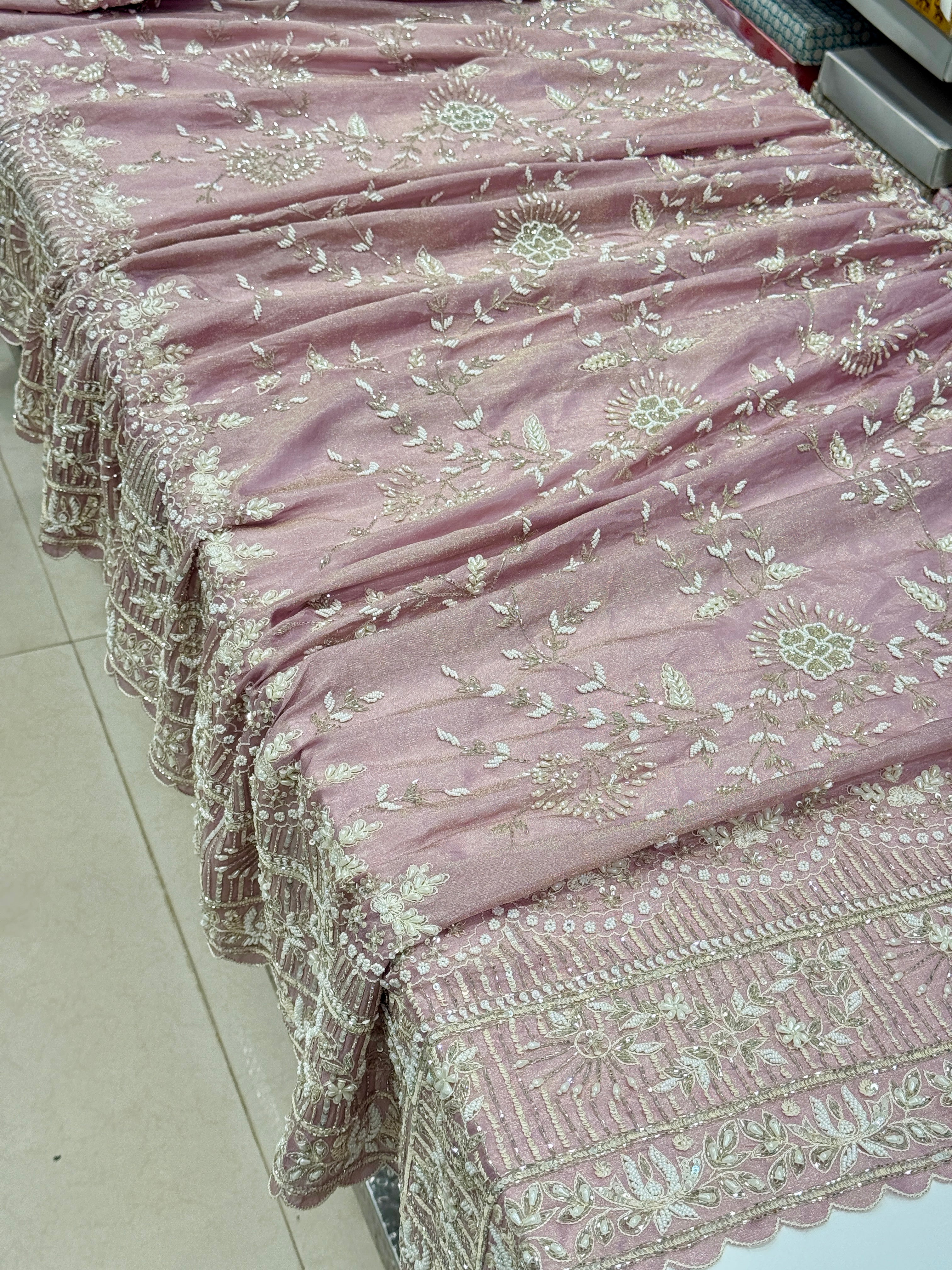 Lilac Crepe Tissue Resham Moti Sequin Hand Embroidery Saree