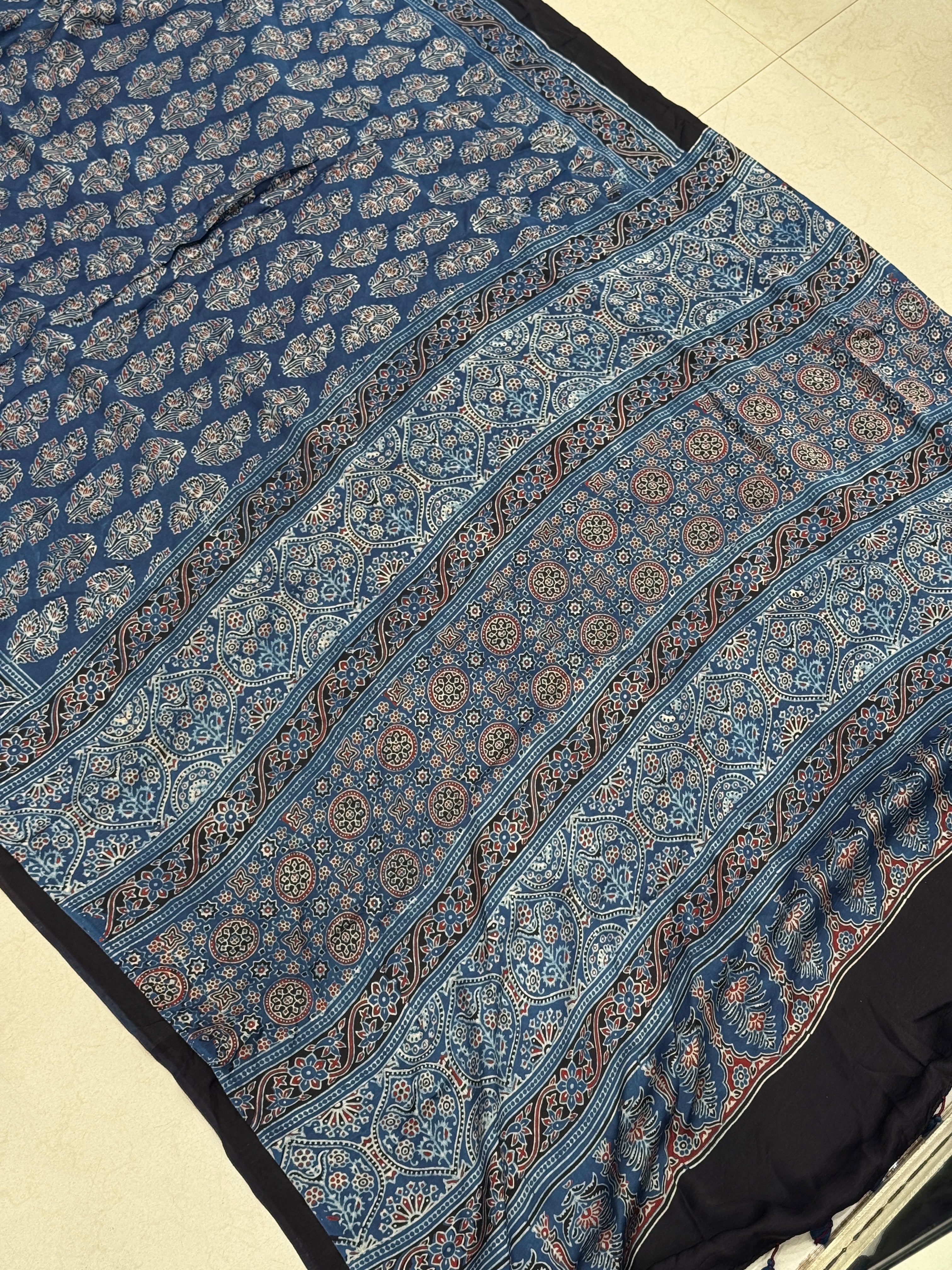 Blue Tree Butta Ajrakh Hand Block Print Pure Gajji Silk Saree