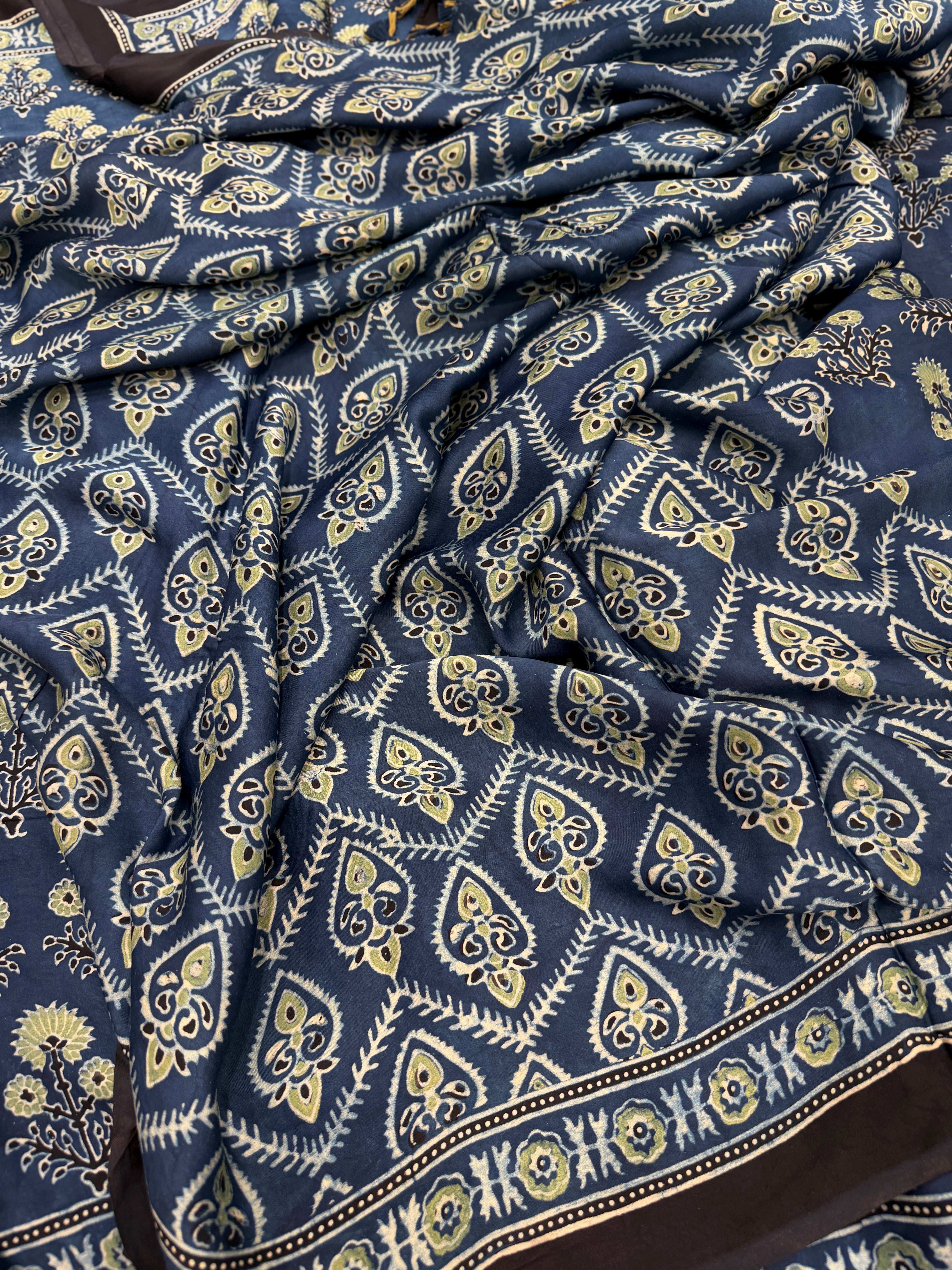 Blue Yellow Buttas Ajrakh Hand Block Print Pure Gajji Silk Saree