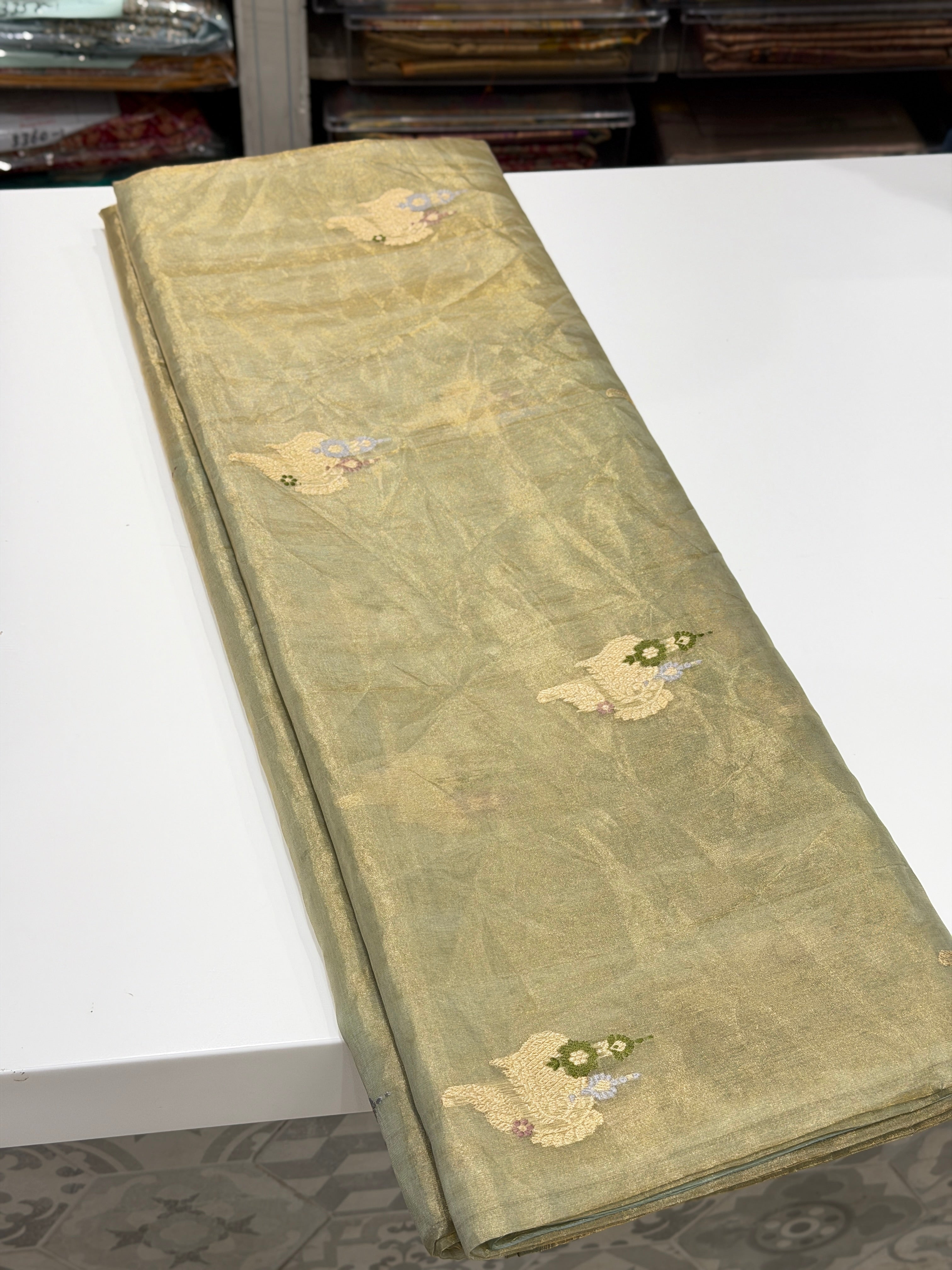 Pista Banarasi Tissue Handloom Meenakari Kadwa Buttis Saree