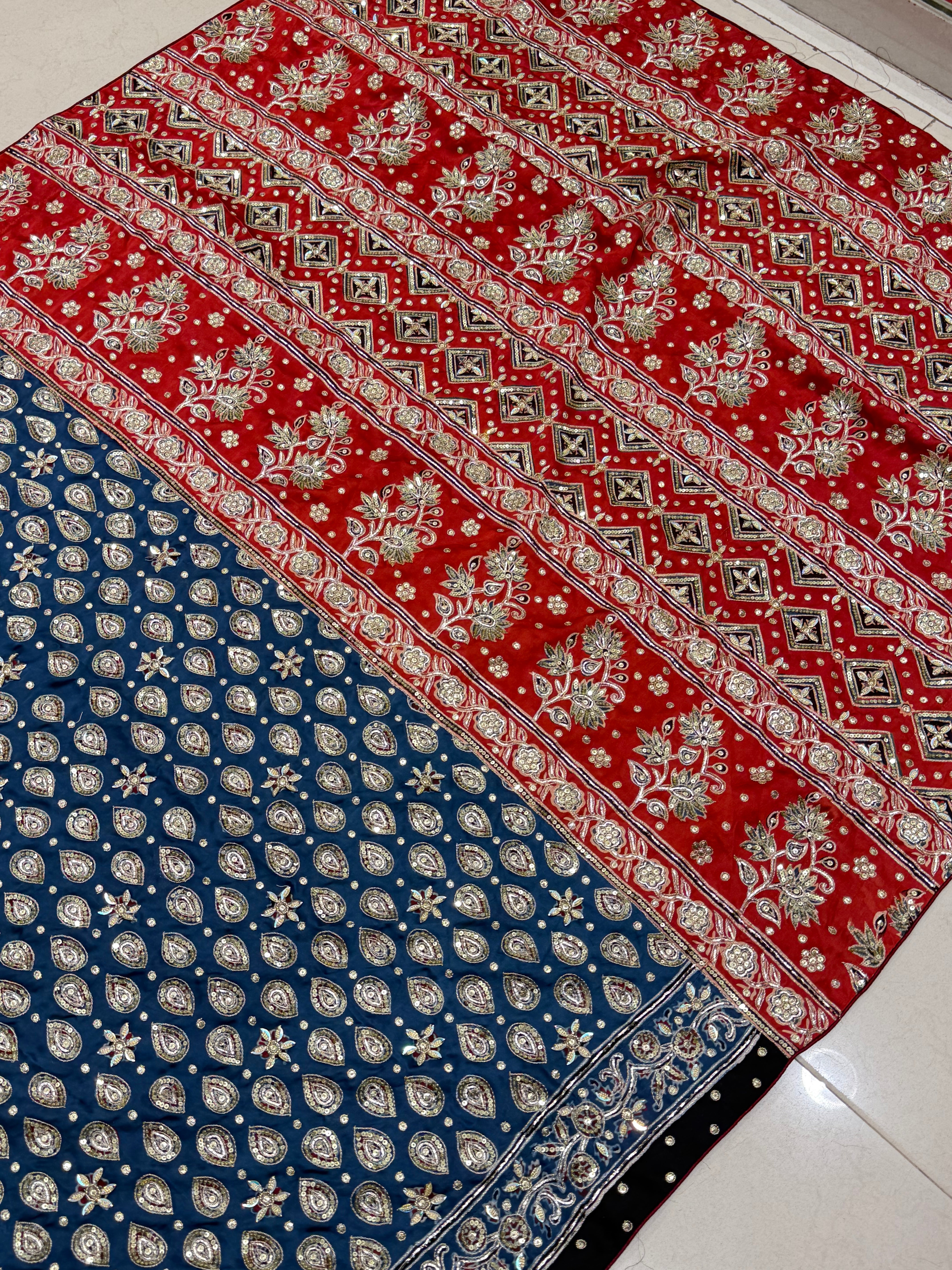 Blue Red Floral Buttis Ajrakh Hand Embroidery Saree