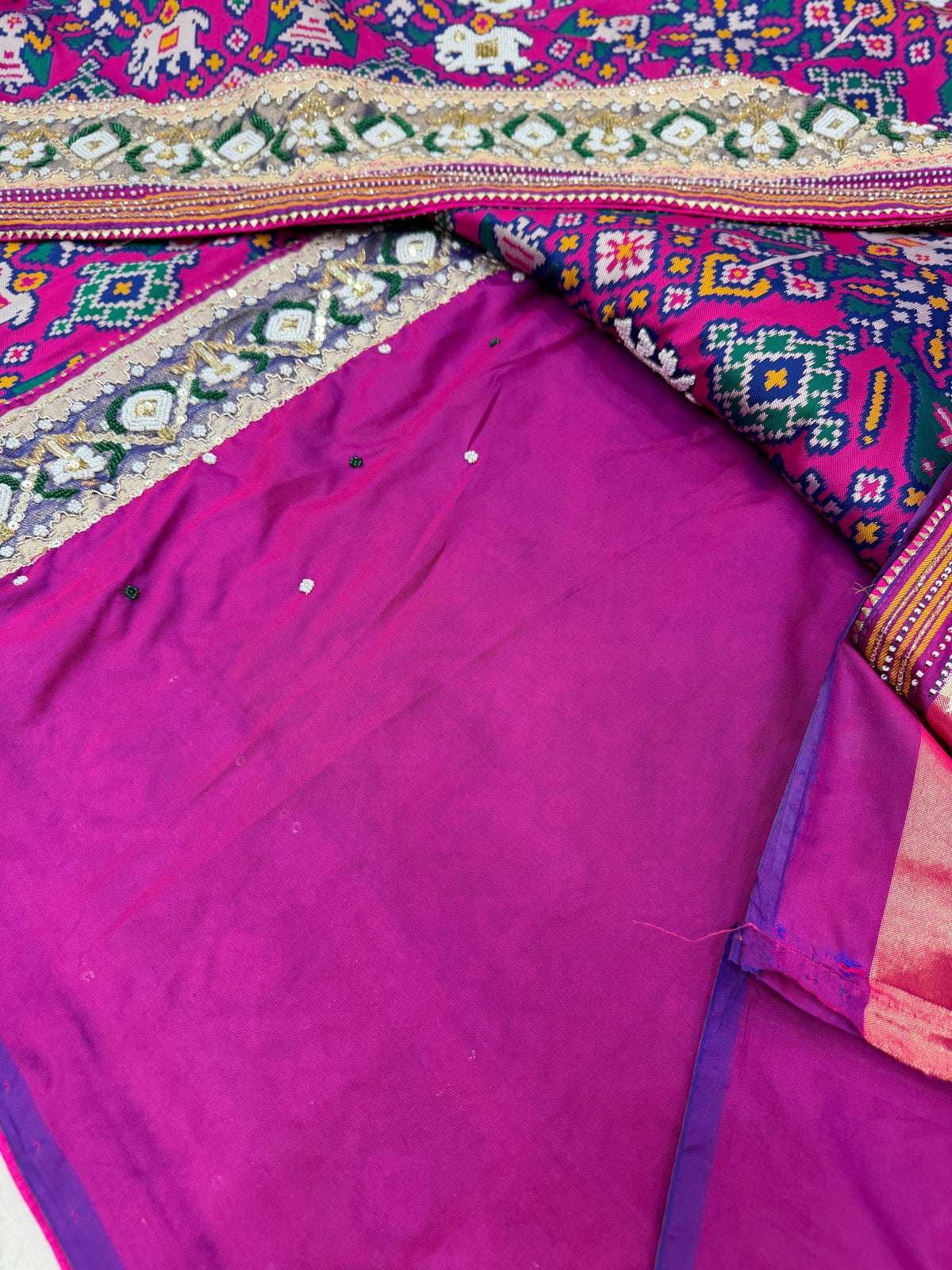 Rani Magenta Semi Silk Patola Kidiya Moti Hand Embroidery Saree