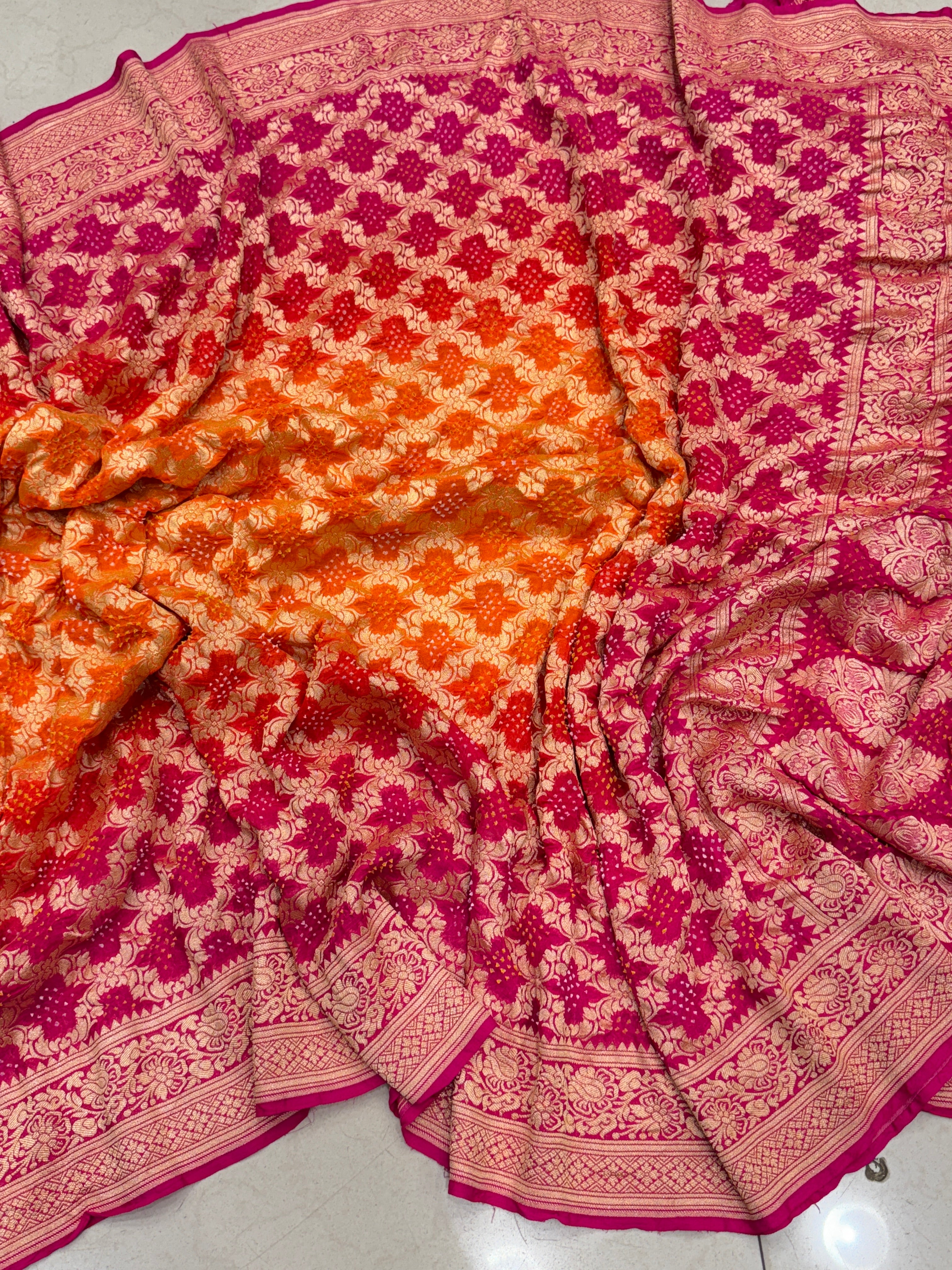 Orange Rani Shaded Bandhej Bandhini Saree