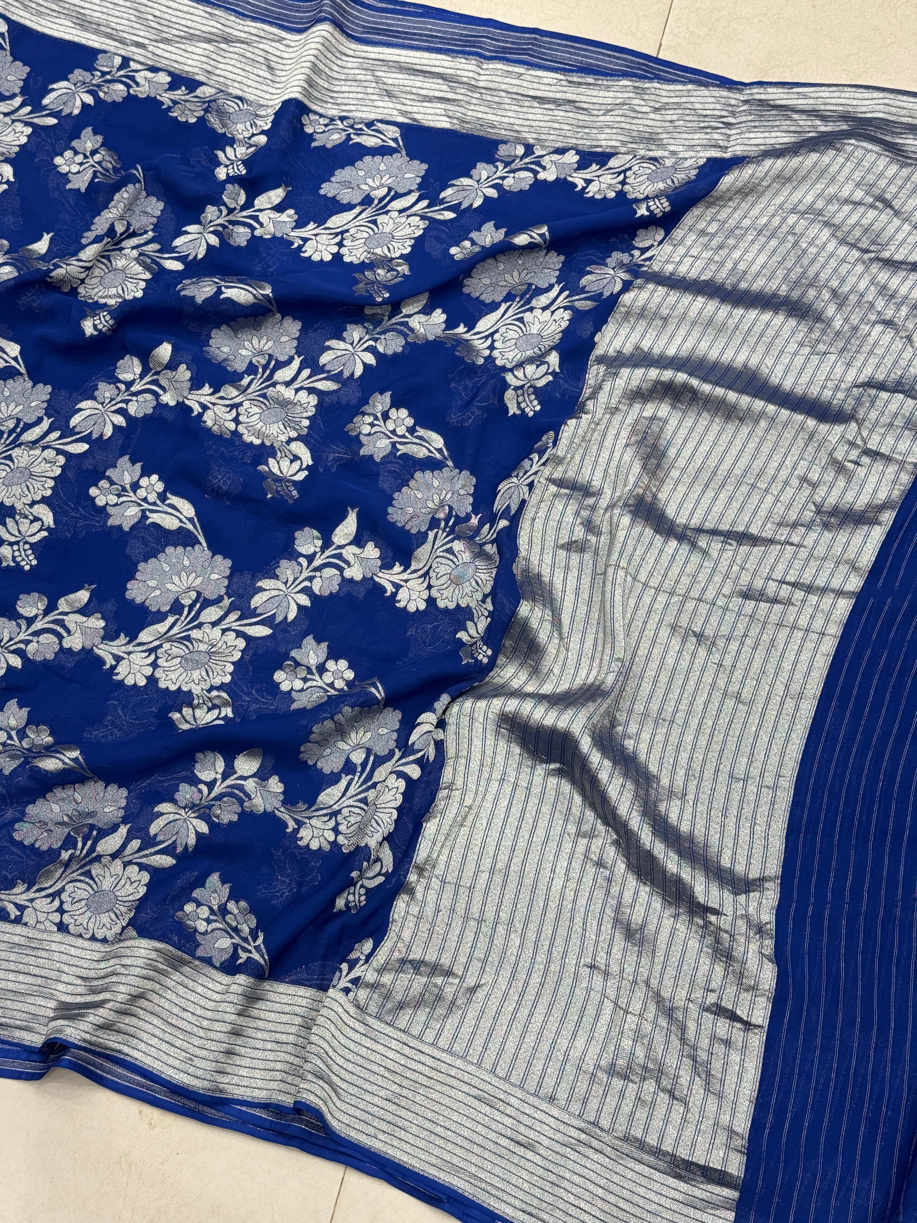 Royal Blue Banarasi Khaddi Georgette Silver Zari Jaal Saree