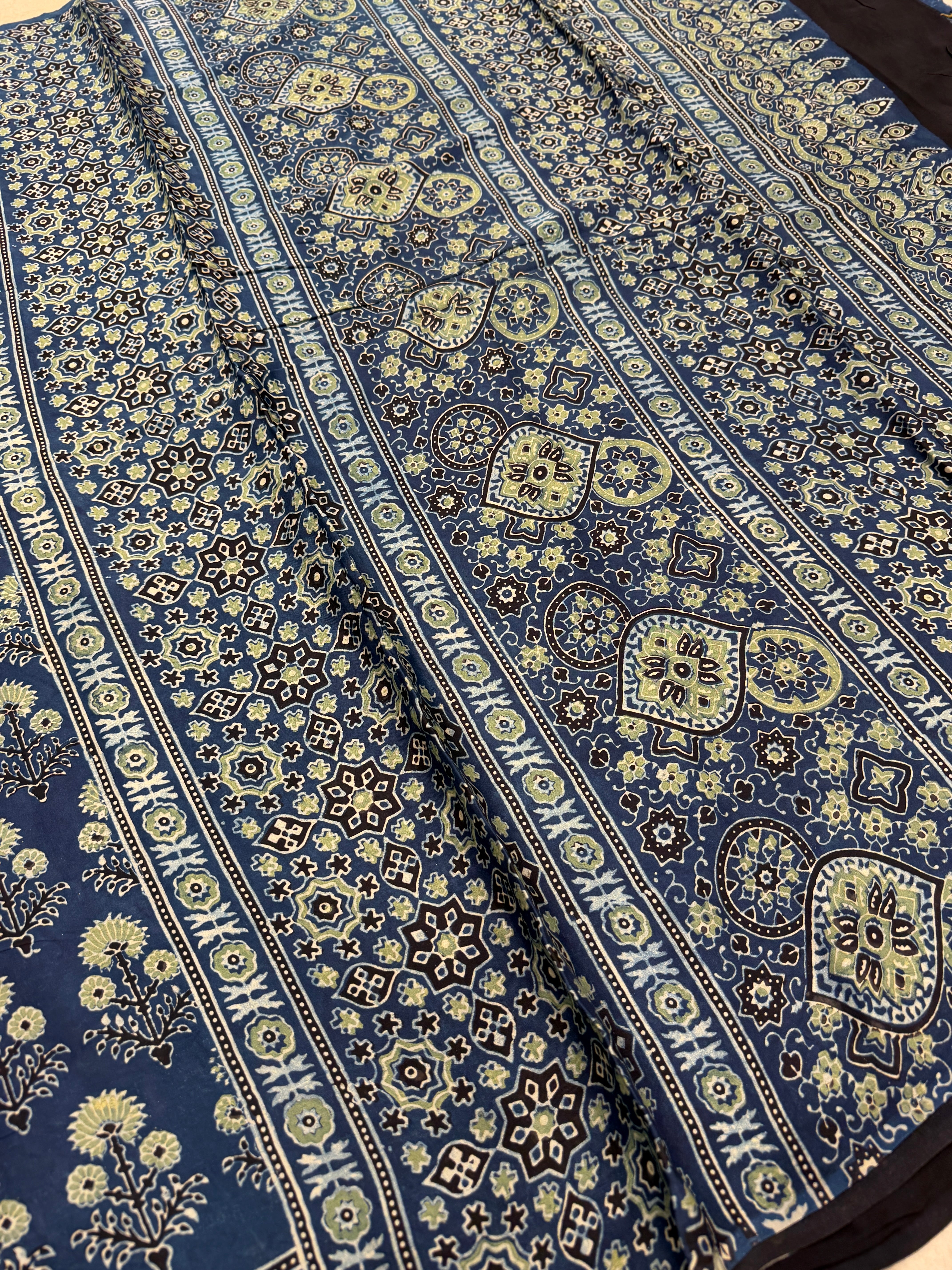 Blue Yellow Buttas Ajrakh Hand Block Print Pure Gajji Silk Saree