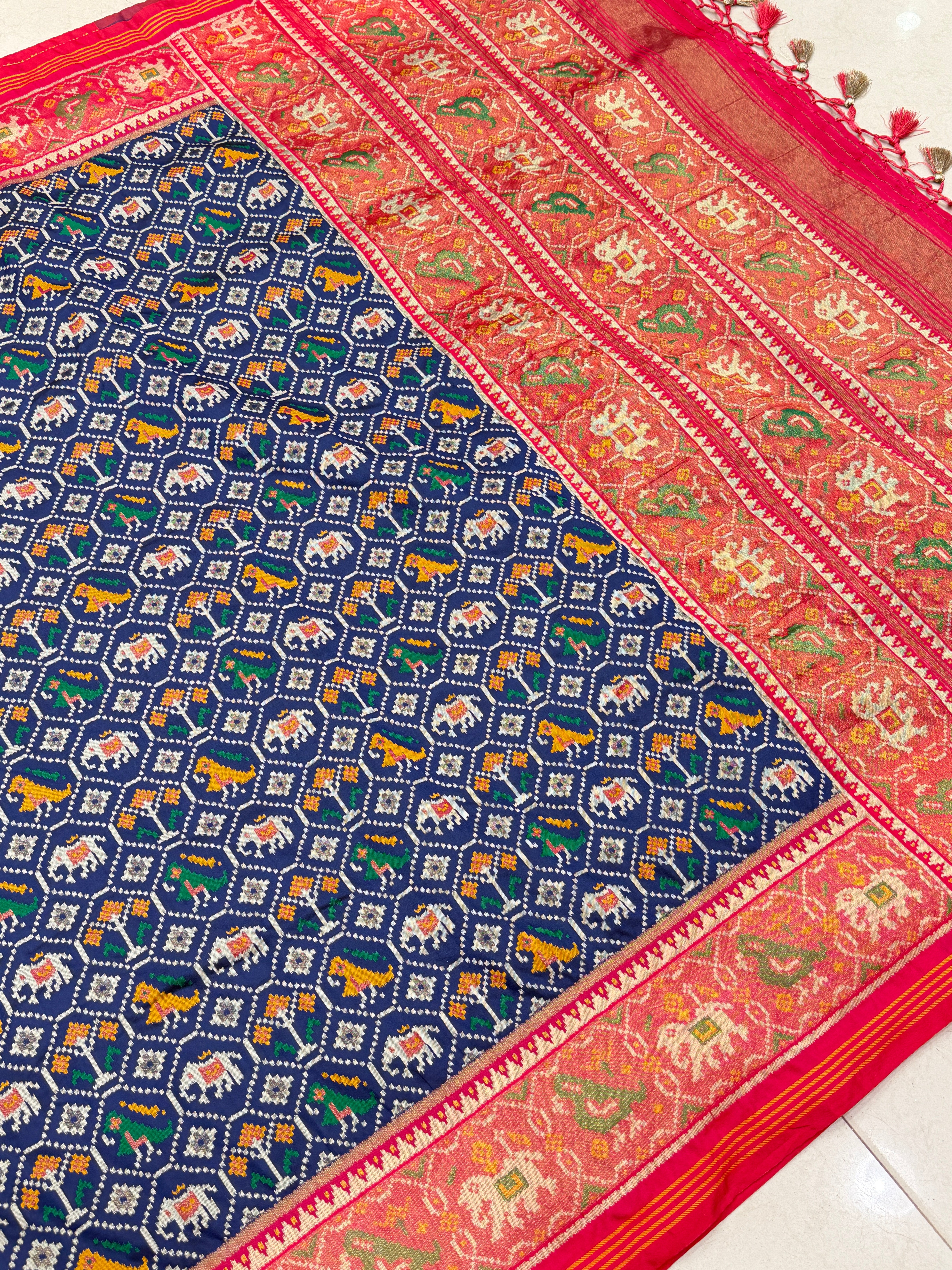Blue Pink Elephant Jaal Semi Silk Weaved Patan Patola Saree
