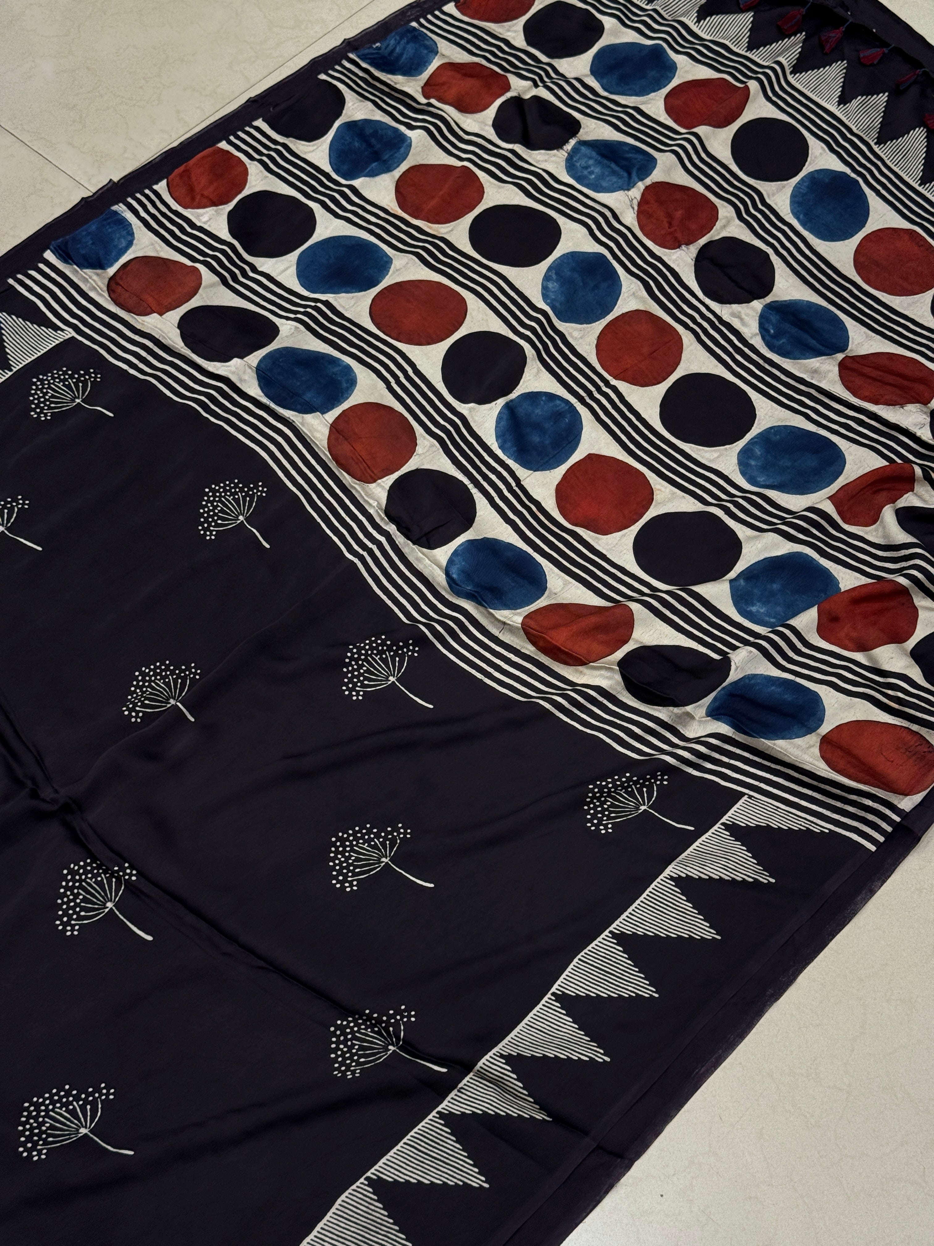 Black Contemporary Ajrakh Modal Gajji Silk Saree