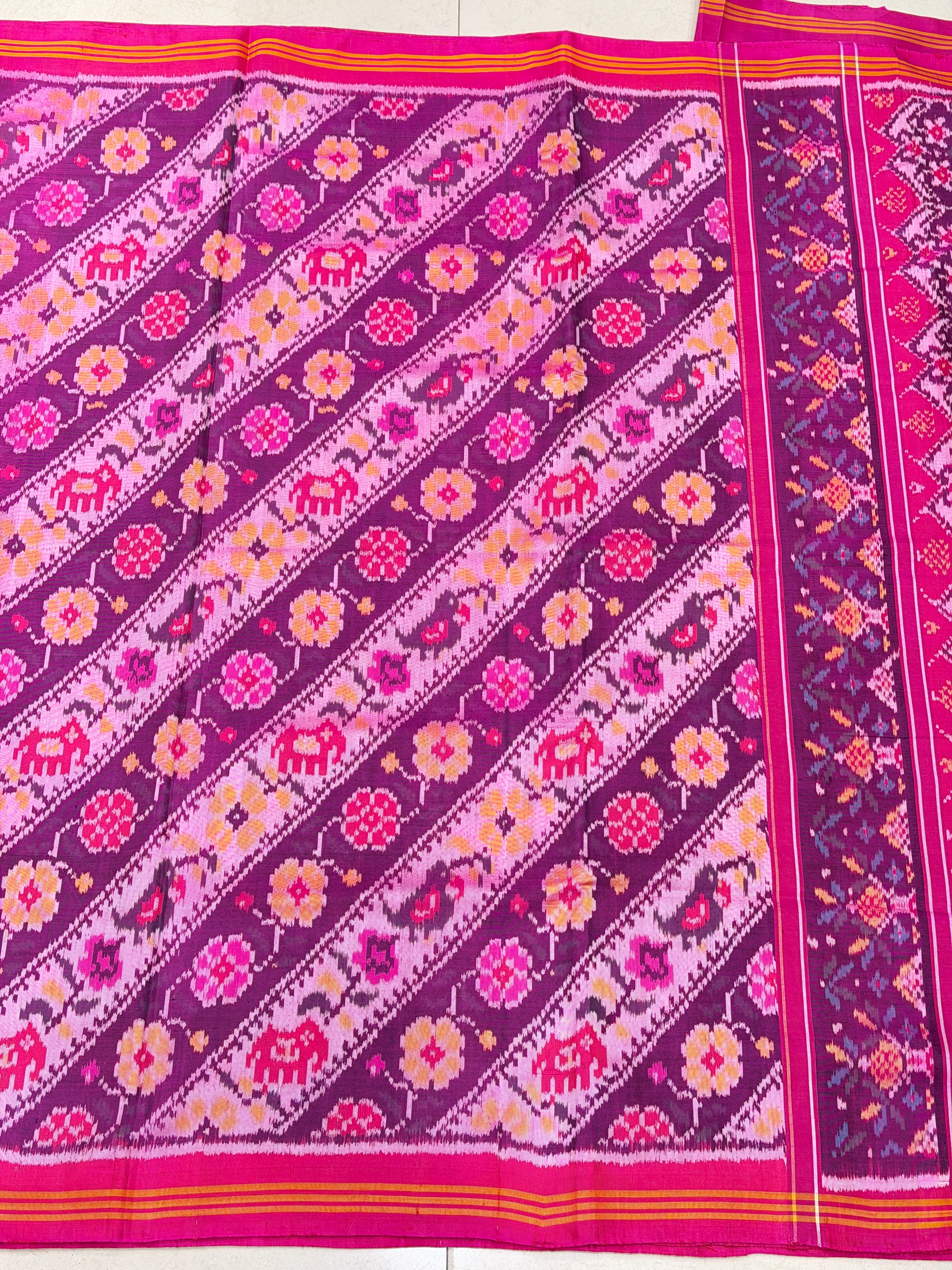 Contemporary Floral Elephant Handloom Rajot Ikat Patola Silk Saree
