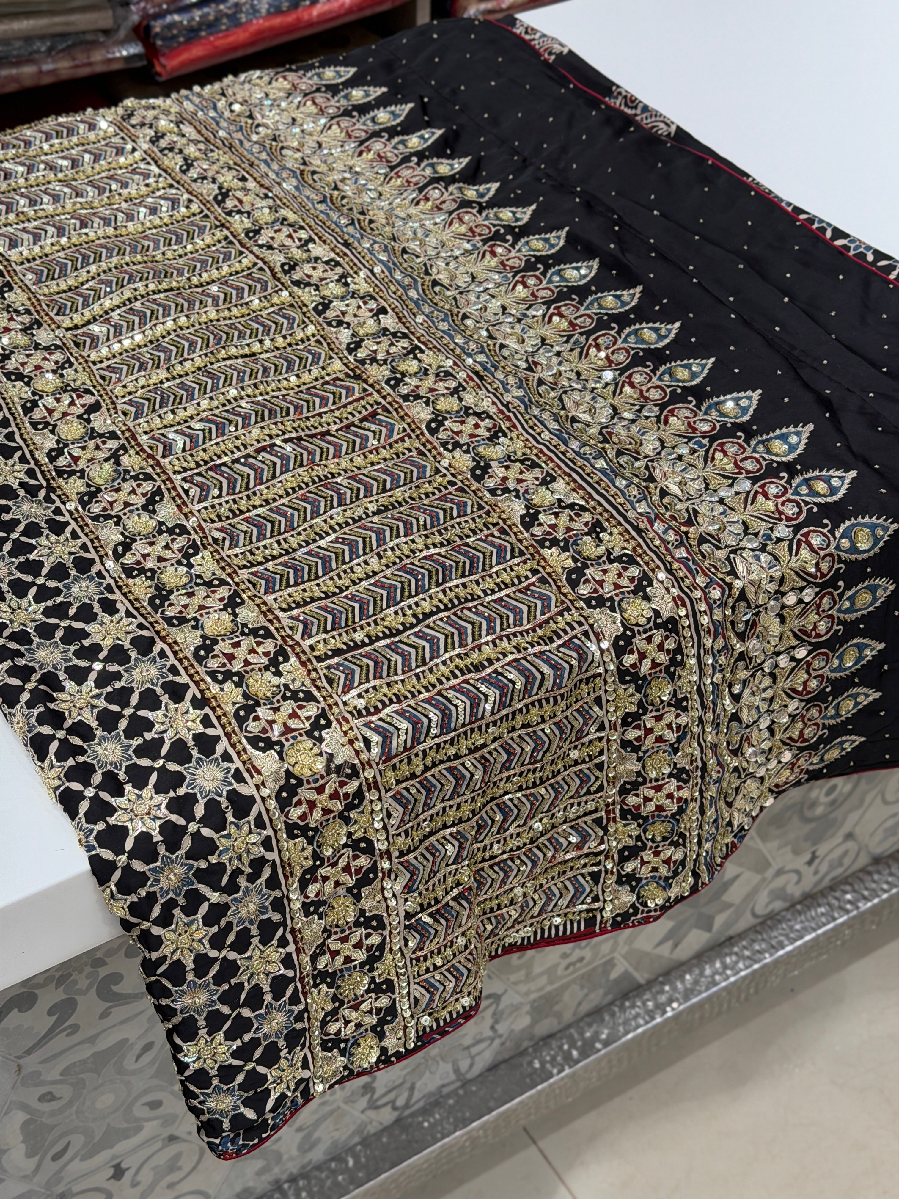 Black Buttas Zardosi Pita Sequin Ajrakh Hand Embroidery Saree